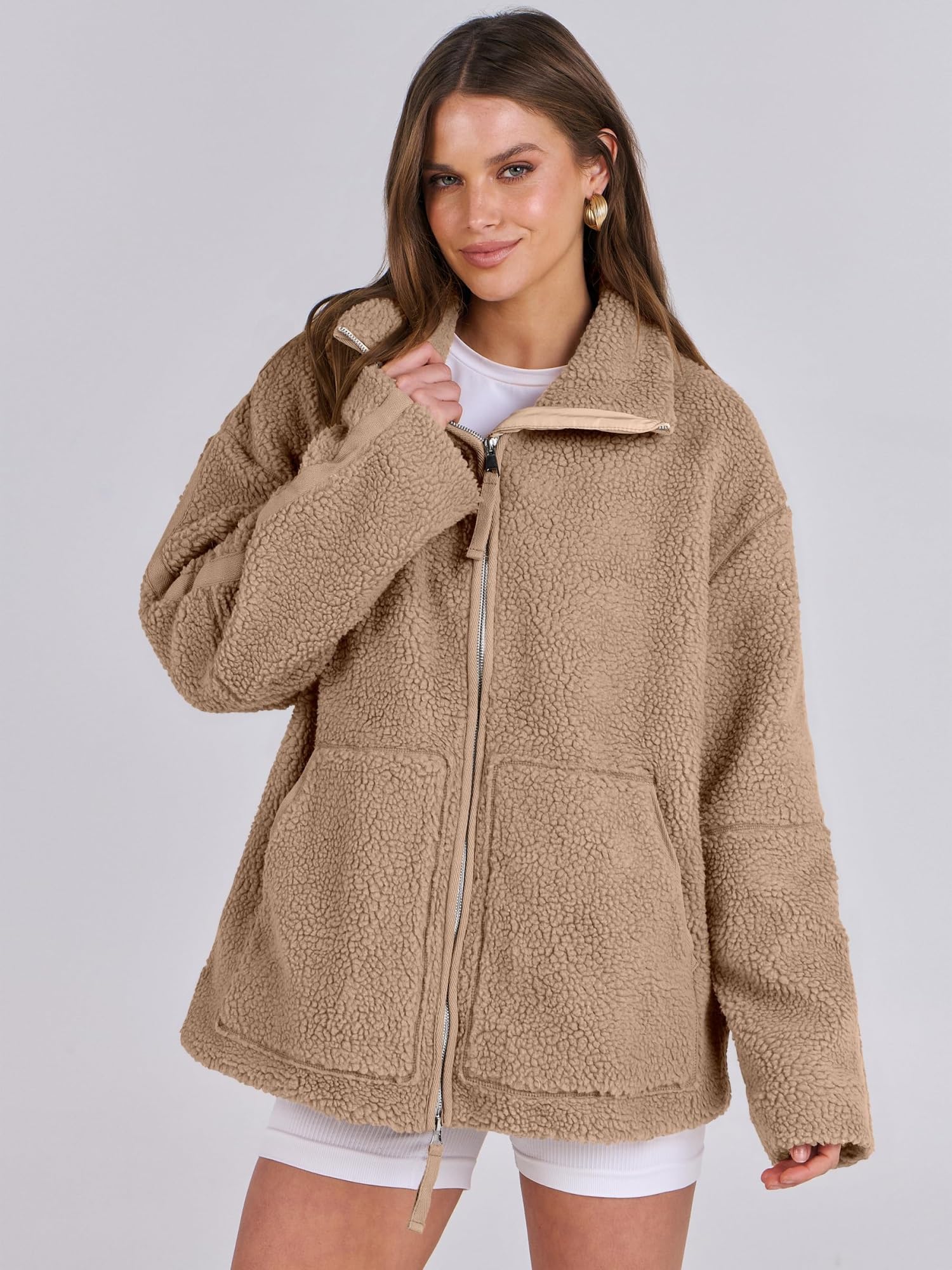 Damska kurtka polarowa Oversize Zip Up Sherpa Fuzzy Casual Płaszcze Zimowa, jesienna odzież wierzchnia Odzież z kieszeniami