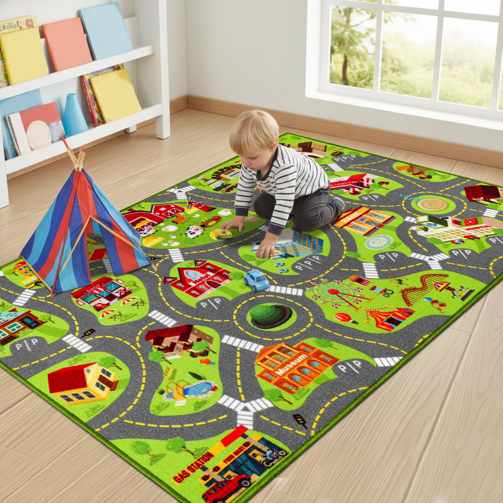 Spielteppich Kinder – Autoteppich mit Straßenmotiv, rutschfeste Spielmatte für Autos & Lastwagen, Kinderteppich für Spielzimmer, Schlafzimmer, Straßenteppich für Jun (Straßenszene, 200X120 CM)