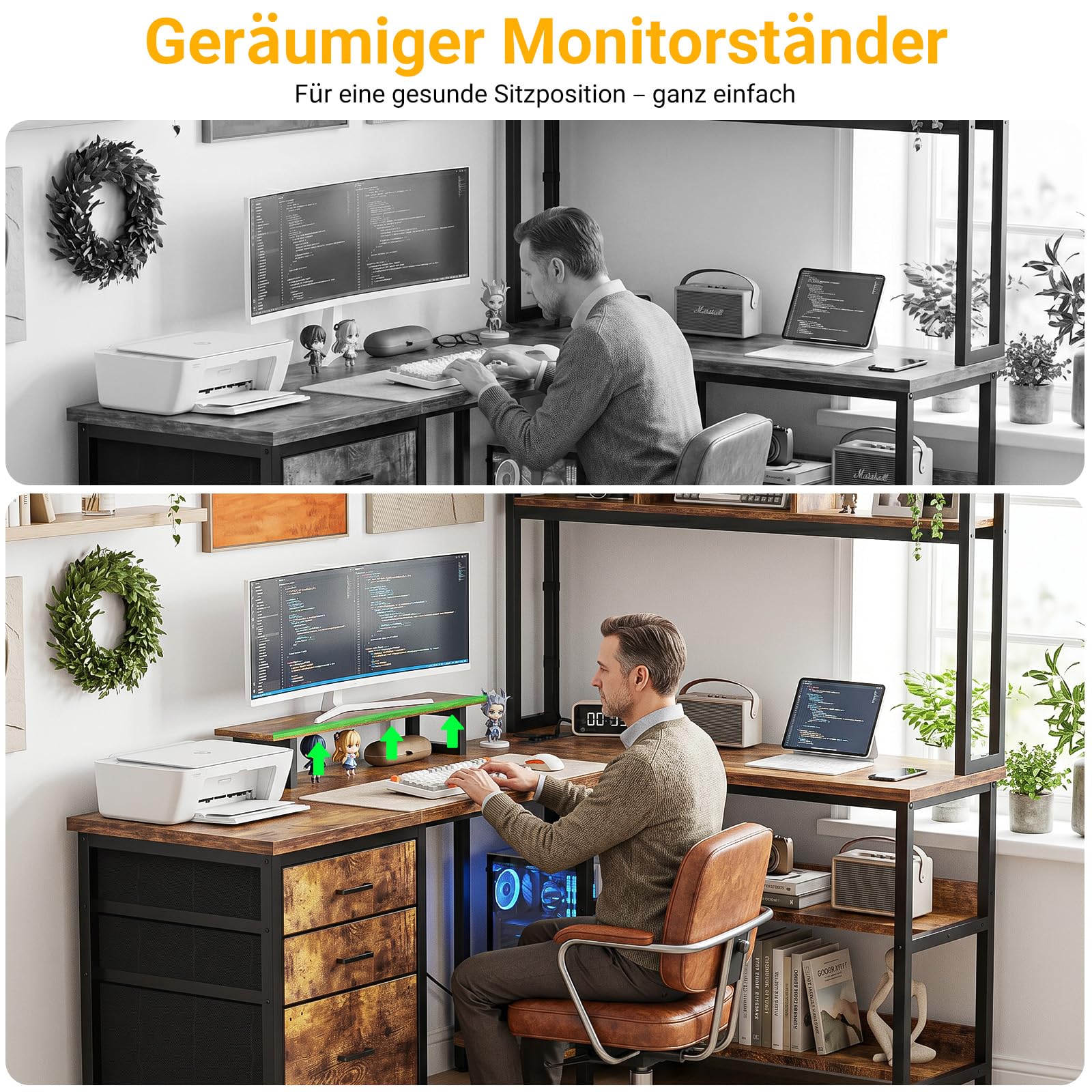 Homieasy 150cm L-Form Eckschreibtisch, Schublade & LED, Rustikales Braun | Steckdosen, USB & Type-C, Monitorständer & A4 Ablage, Reversibel, Platzsparend, Metallgestell, MDF