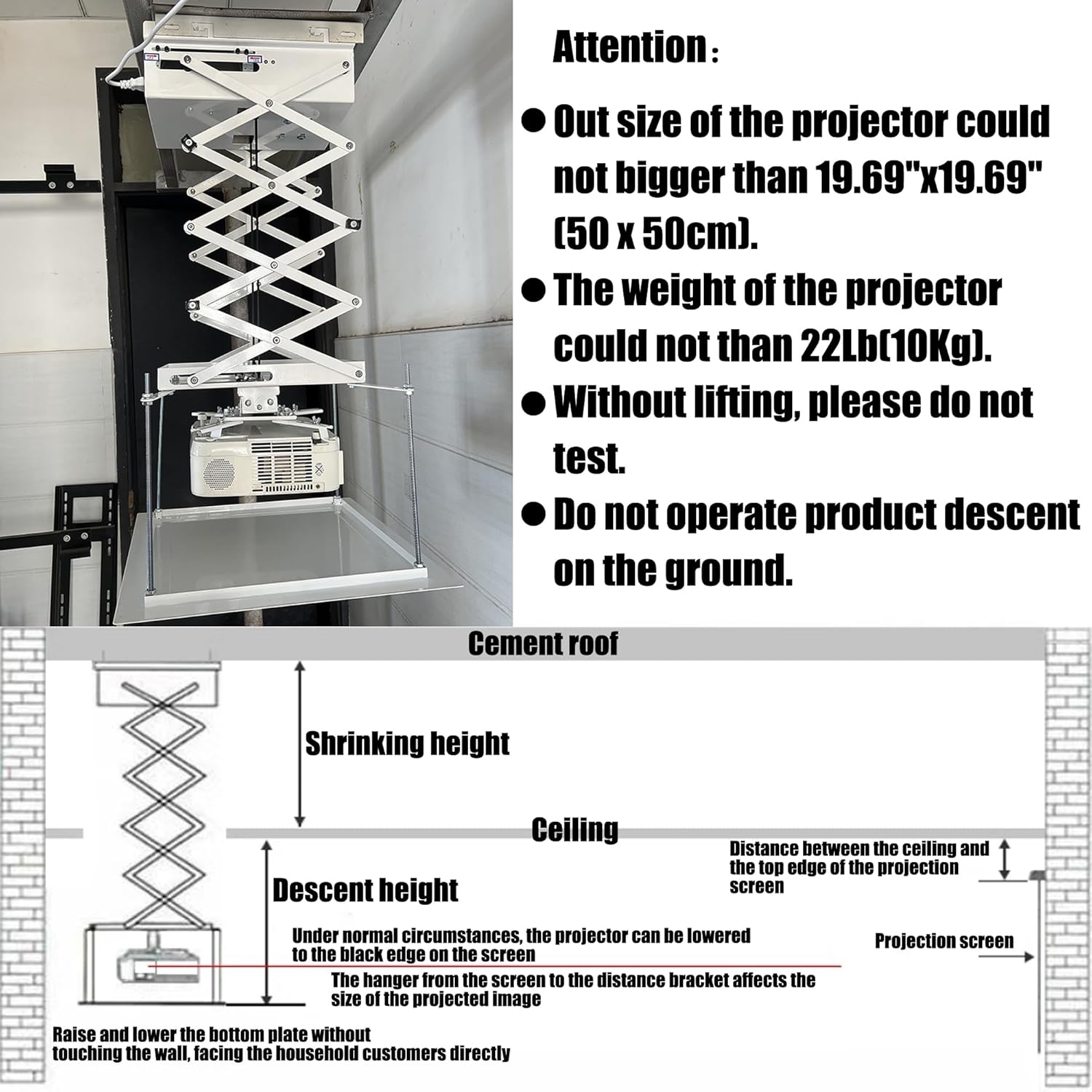 Projector Lift 39''Electric Projector Mount Hidden Ceiling Projector Bracket 19.69'' Base Automatic Lift Projector Electric Motorized Projector Mount Hanger 22Lb Load Capacity 110V