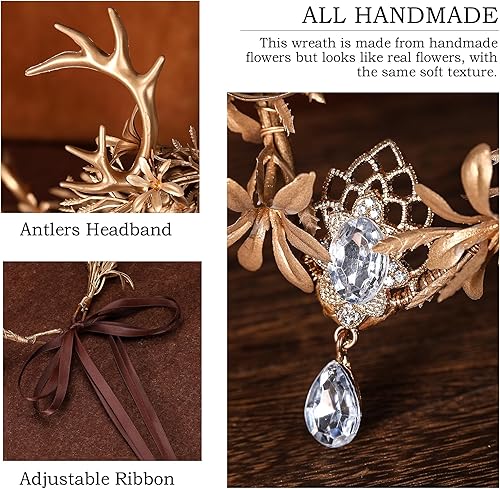 Miniatura 6 de MOSTORY Corona de cuernos de hada dorada, tocado de flores de bosque, elfo, bosque, tiara élfica para mujeres y niñas, renacentista, cosplay,