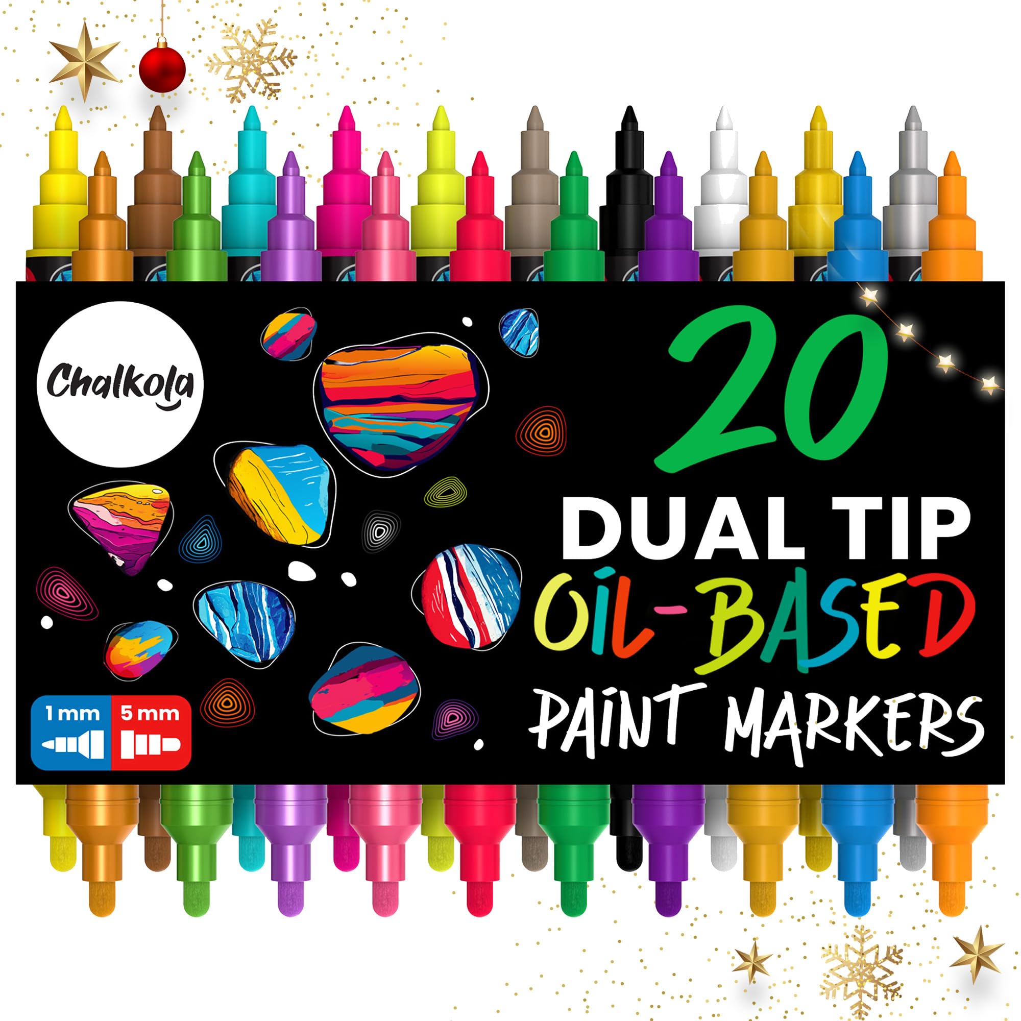 Chalkola 20 Oil Paint Pens - Oil Based Paint Markers for Metal, Fabric, Ceramic, Glass, Rocks - Waterproof & Permanent Markers for Wood, Plastic Surfaces, Steel - 1mm + 5mm Dual Tip