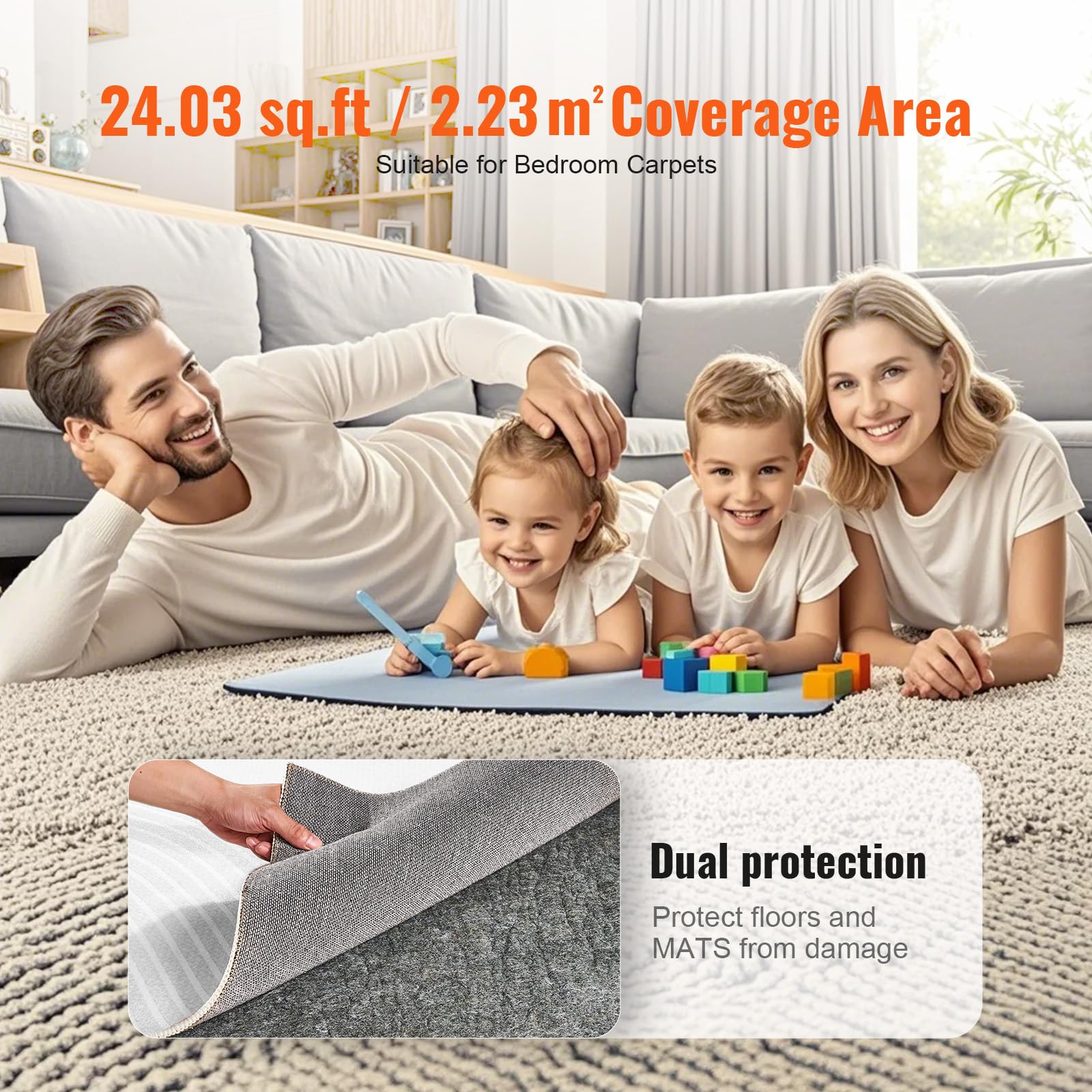 VEVOR Tappetino Protettivo per Tappeti, Rug Pad Gripper 1220 x 1830 mm, Spessore 12 mm Feltro a Doppia Superficie, Ambito Area 2-3 ㎡ Comfort Premium Sotto i Piedi Imbottitura per Pavimenti, Grigio