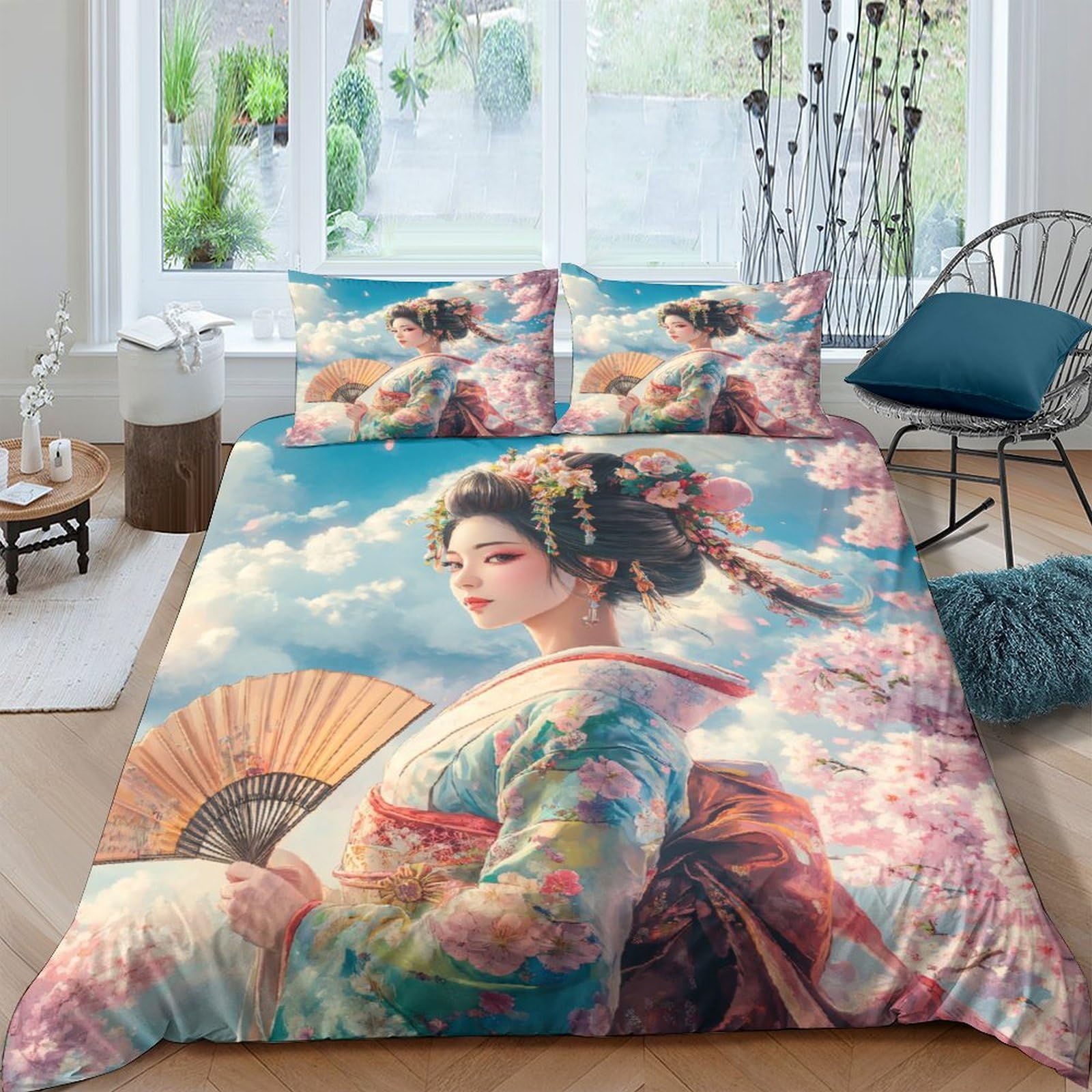 Ctjqhvkz Style-4 3D Printed Japanese Geisha Fitted Sheet Microfiber Soft Breathable Sakura Kimono Bed Cover For Bedroom Decor Single（135X200cm）