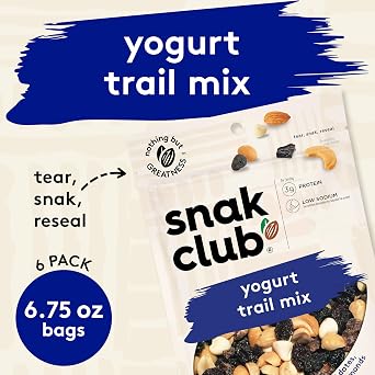 Snak Club Yogurt Trail Mix with Raisins, Peanuts, Dried Dates, Yogurt Chips, Cashews, and Almonds, Gluten-Free and Kosher Snack, 6.75 oz Resealable Bags, 6 Pack