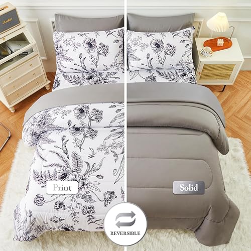 Miniatura 5 de YIYEA Juego de edredón Queen  Estampado floral  7 piezas de cama en una bolsa  Juegos de ropa de cama para todas las estaciones con edredón, sábana