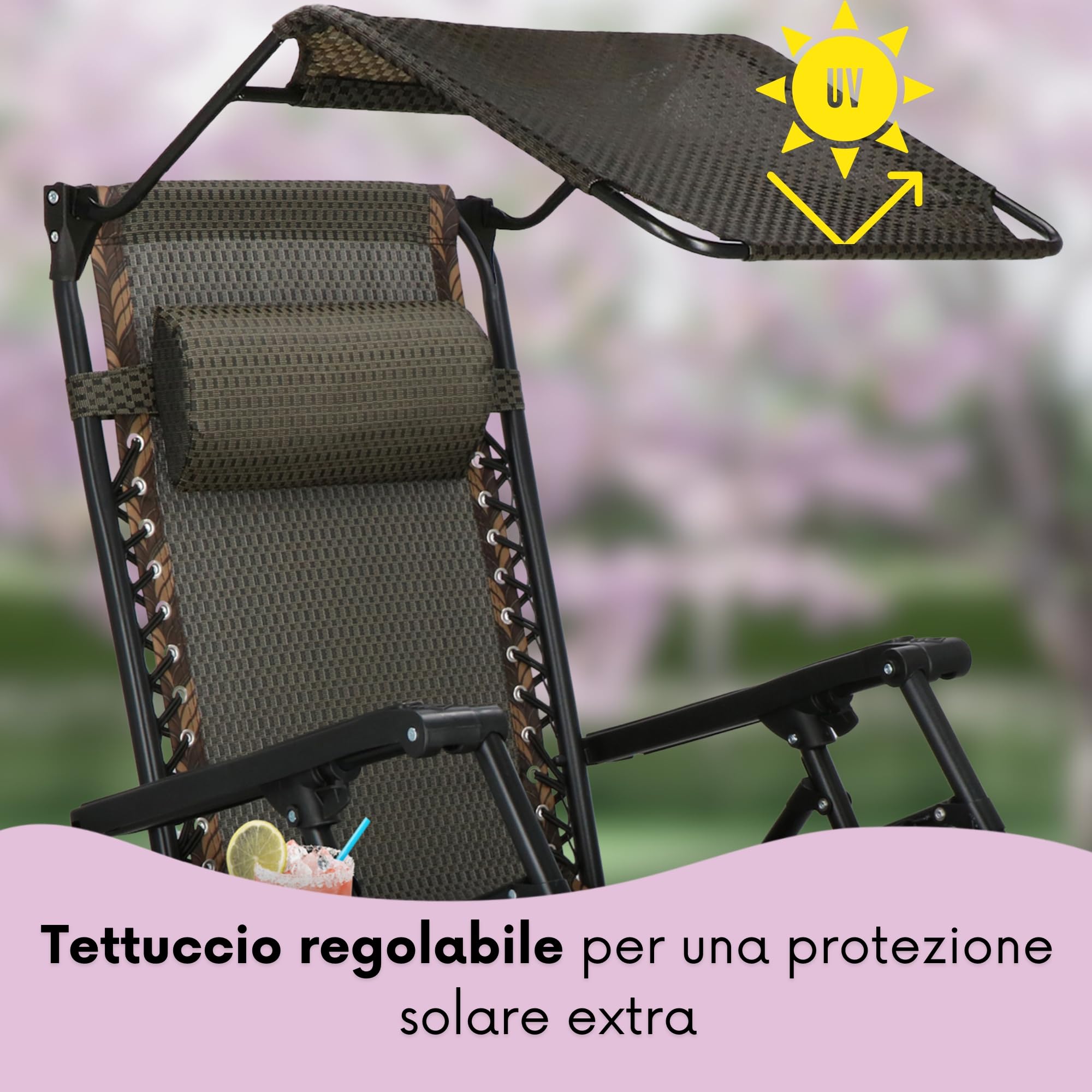 SPRINGOS Sedia a sdraio da giardino pieghevole con poggiapiedi & tettuccio parasole, braccioli, tasca laterale & tavolino, reclinabile 110x67x175 cm, carico max 120 kg, beige-marrone