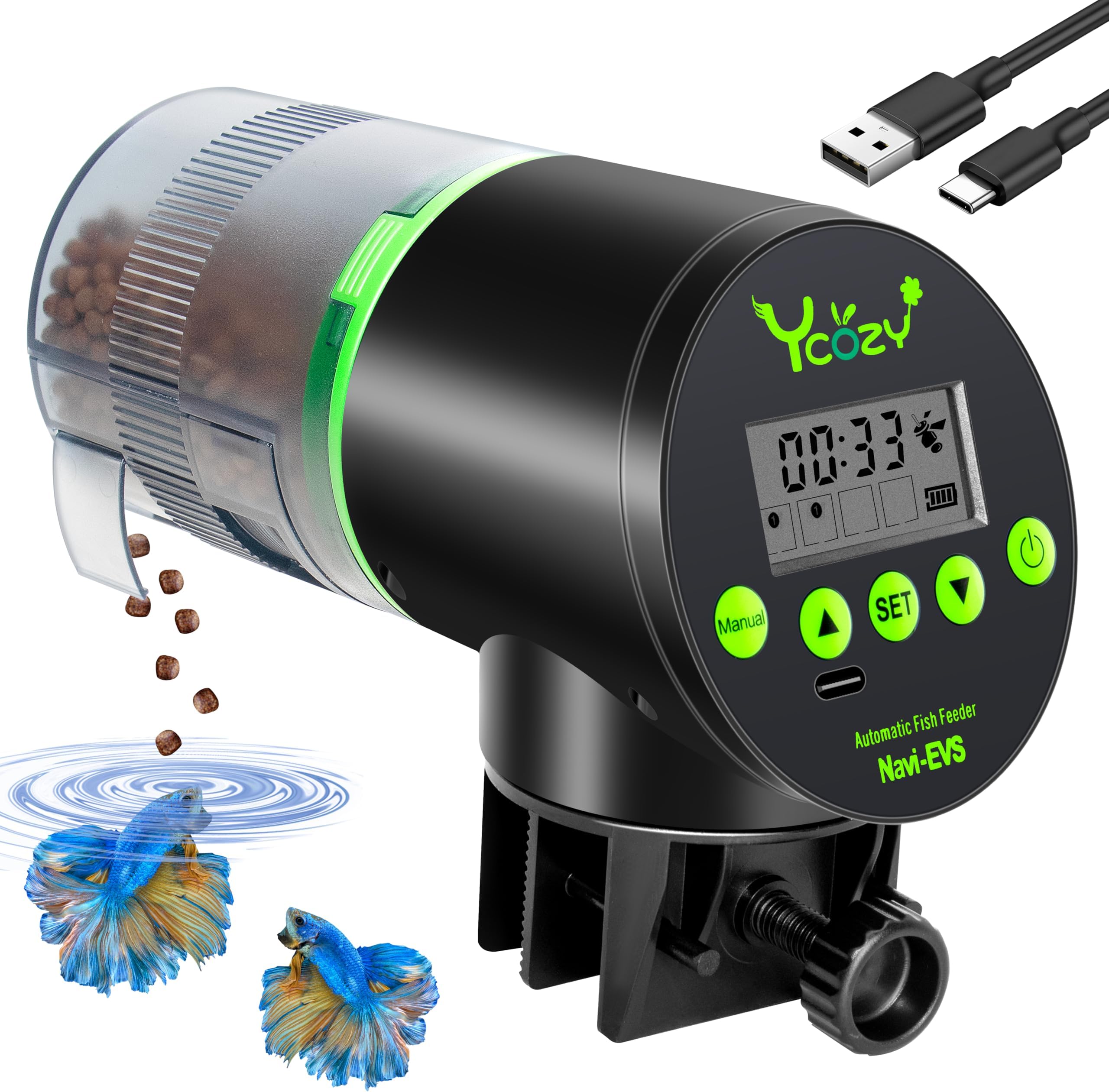 Ycozy Automatic Fish Feeder Rechargeable with USB Cable Moisture-proof Intelligent Electric Fish/Turtle Feeder for Aquarium & Fish Tank Intelligent Timer Fish Food Dispenser | Navi-EVS