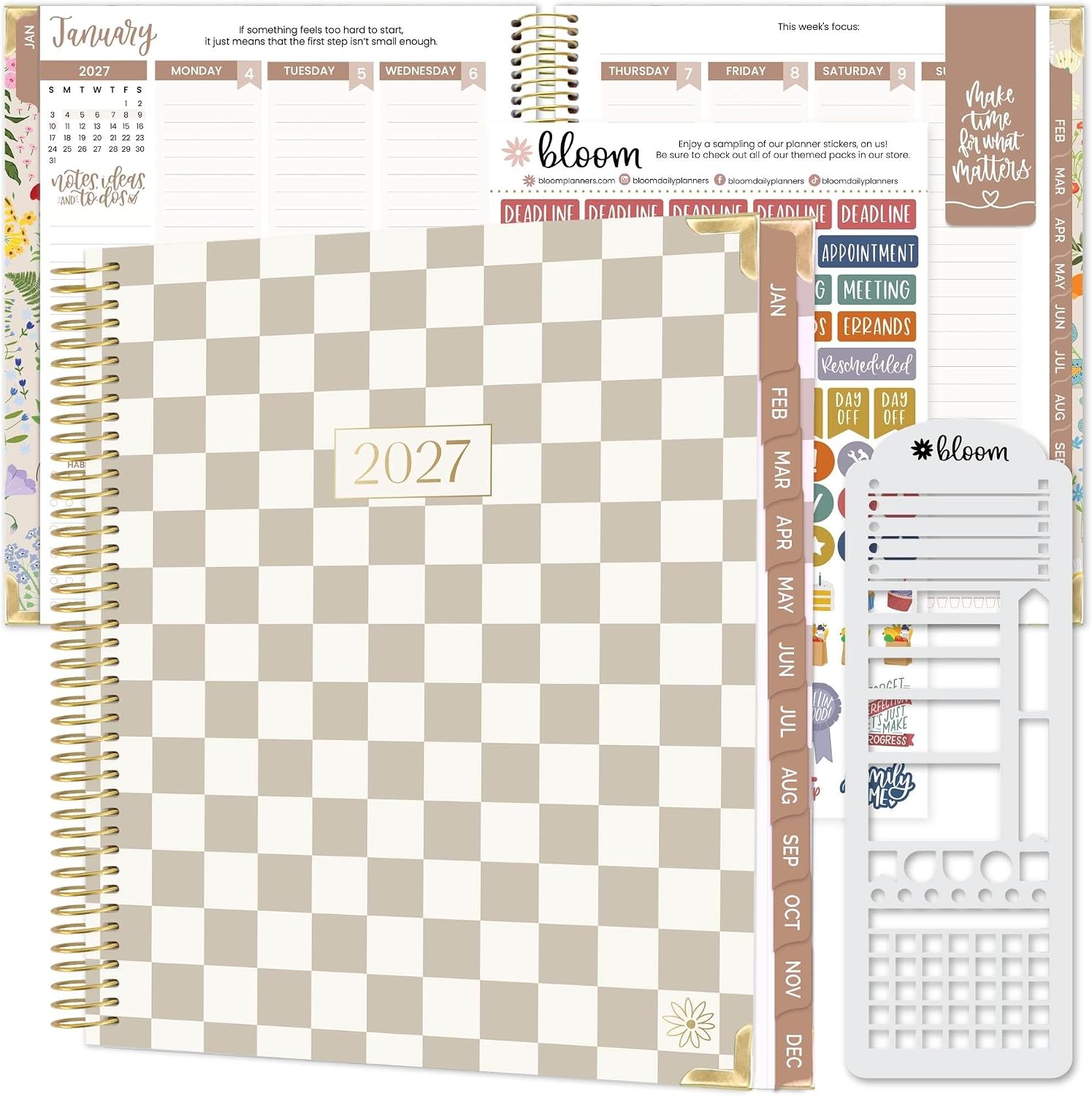 bloom daily planners 2027 Hardcover Goal & Vision Planner with Stencil (January - December 2027) - Monthly & Weekly Calendar Year Agenda Organizer - 7.5" x 9" - Checkered, Café