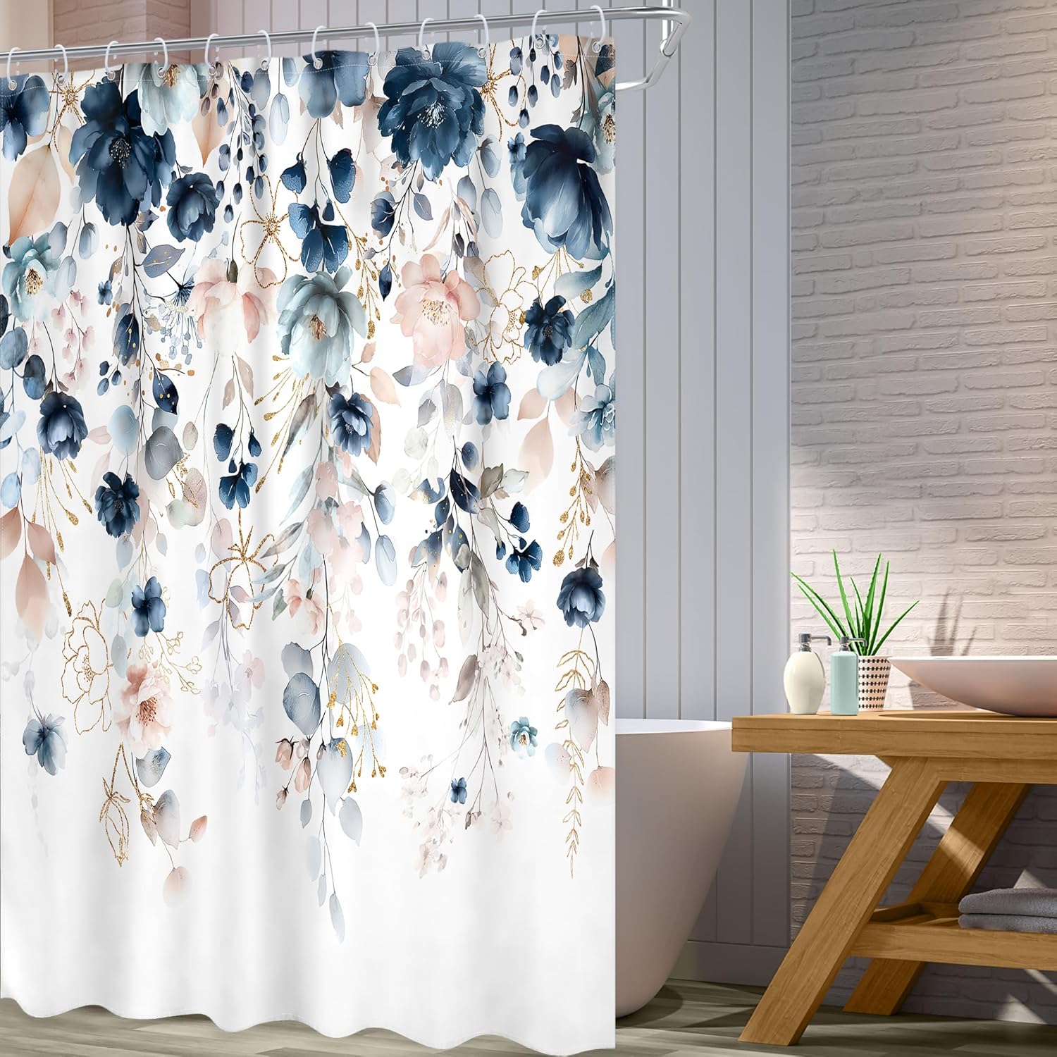 Blue Pink Floral Shower Curtain 72Wx96H Inch Extra Long Flower Watercolor Wildflower Spring Rustic Eucalyptus Leaf Bathroom Set Girl Plant Botanical Bath Curtain Bathtub Accessories Home Decor