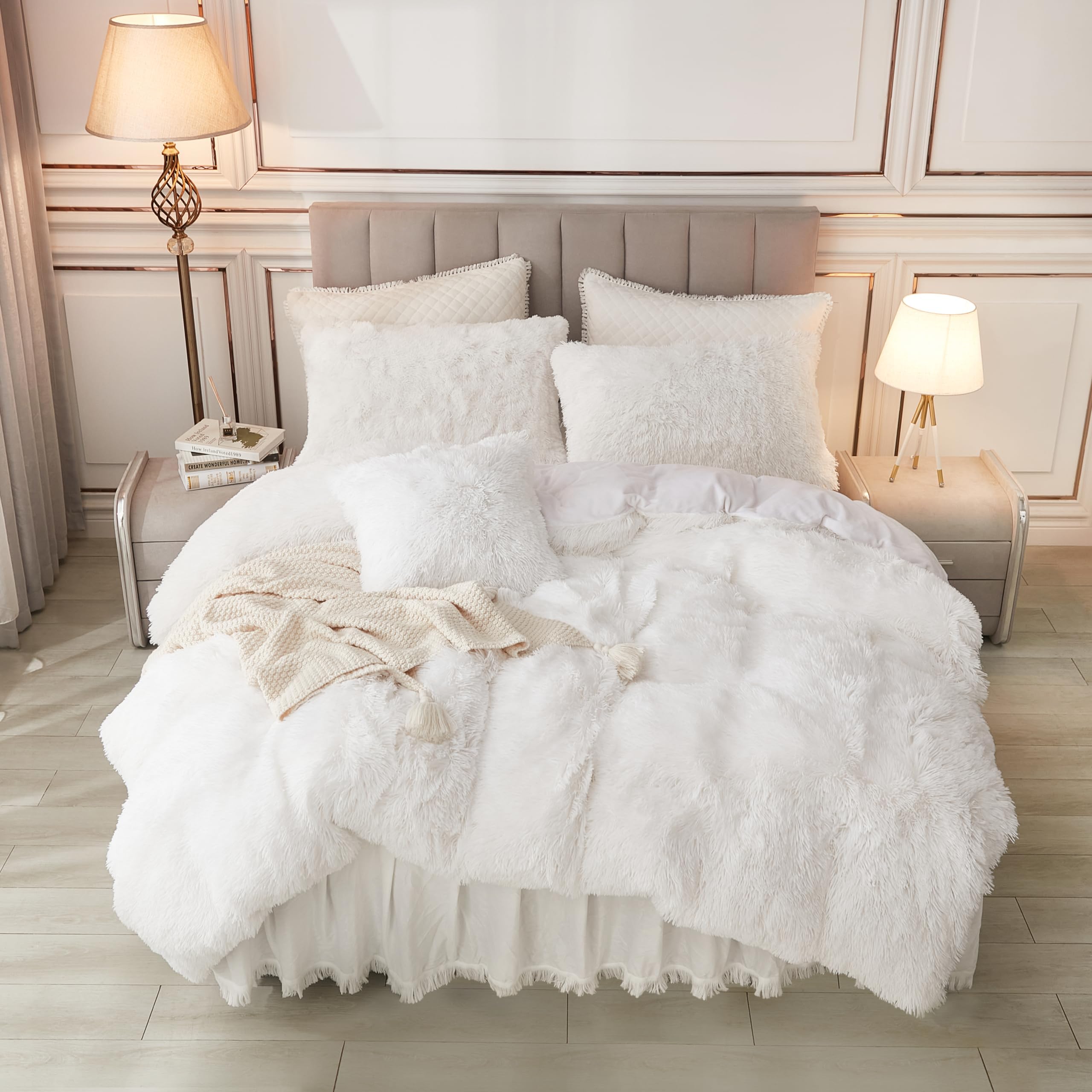 annadaif Plush Shaggy Duvet Cover, White Fluffy Comforter Cover Queen Size, Fuzzy Faux Fur Bedding Set with Zipper Closure, Luxury Ultra Soft 3 Pieces (1 Duvet Cover, 2 Pillowcases)