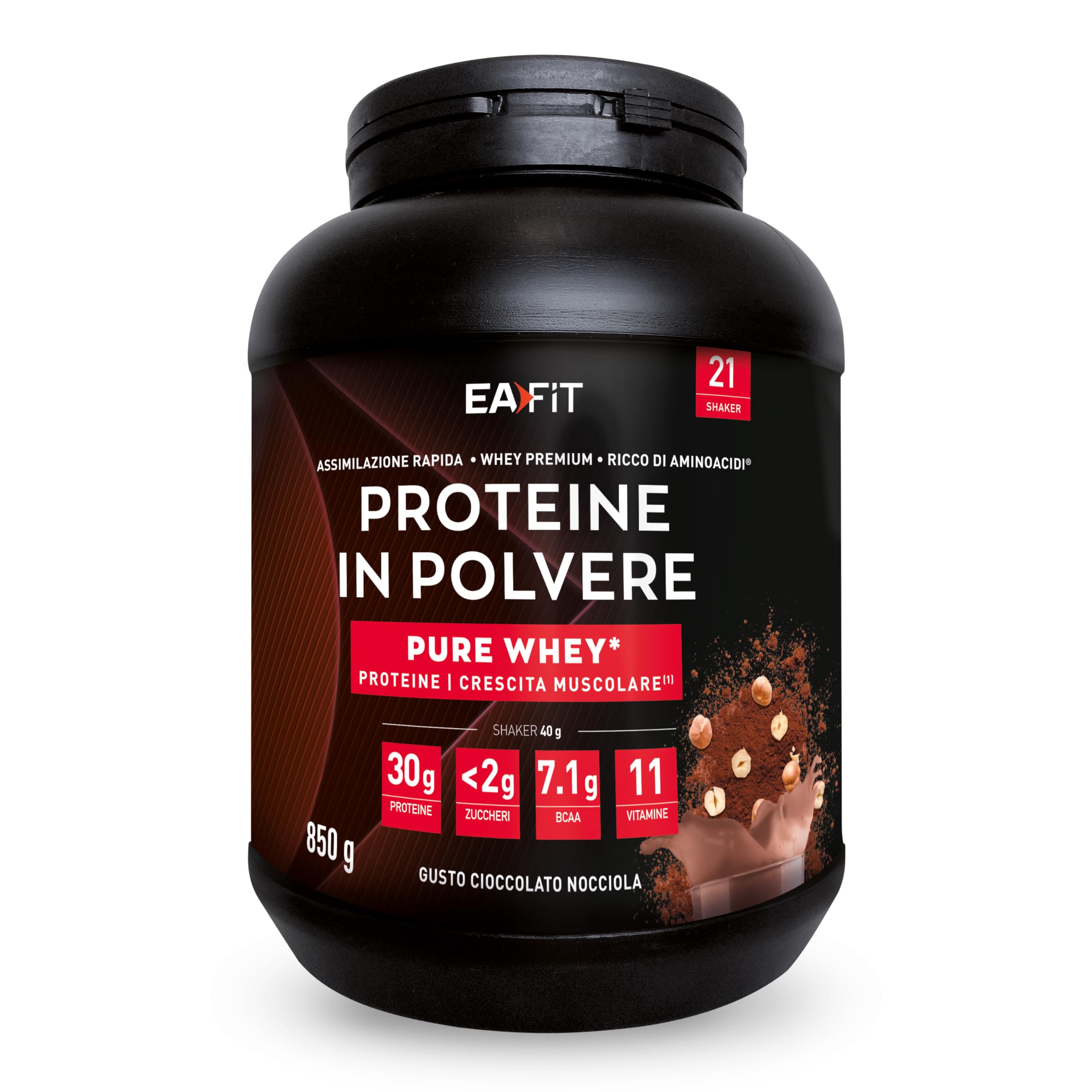 EAFIT Proteine in Polvere Whey – 850g Gusto Cioccolato alla Nocciola – 30g per Shaker Proteine – Integratore ad Alto Contenuto Proteico – Siero di Latte per Massa Muscolare – Mass Gainer per Sportivi