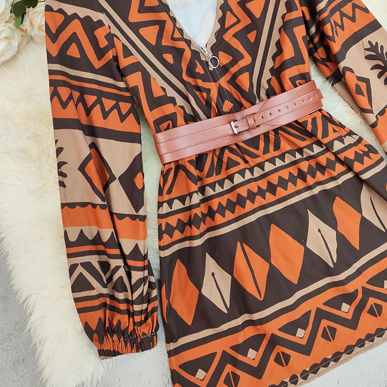 Lantern Sleeve Mini Dress for Women Vintage Ethnic V Neck Loose A-Line Boho Swing Vacation Beach Dresses