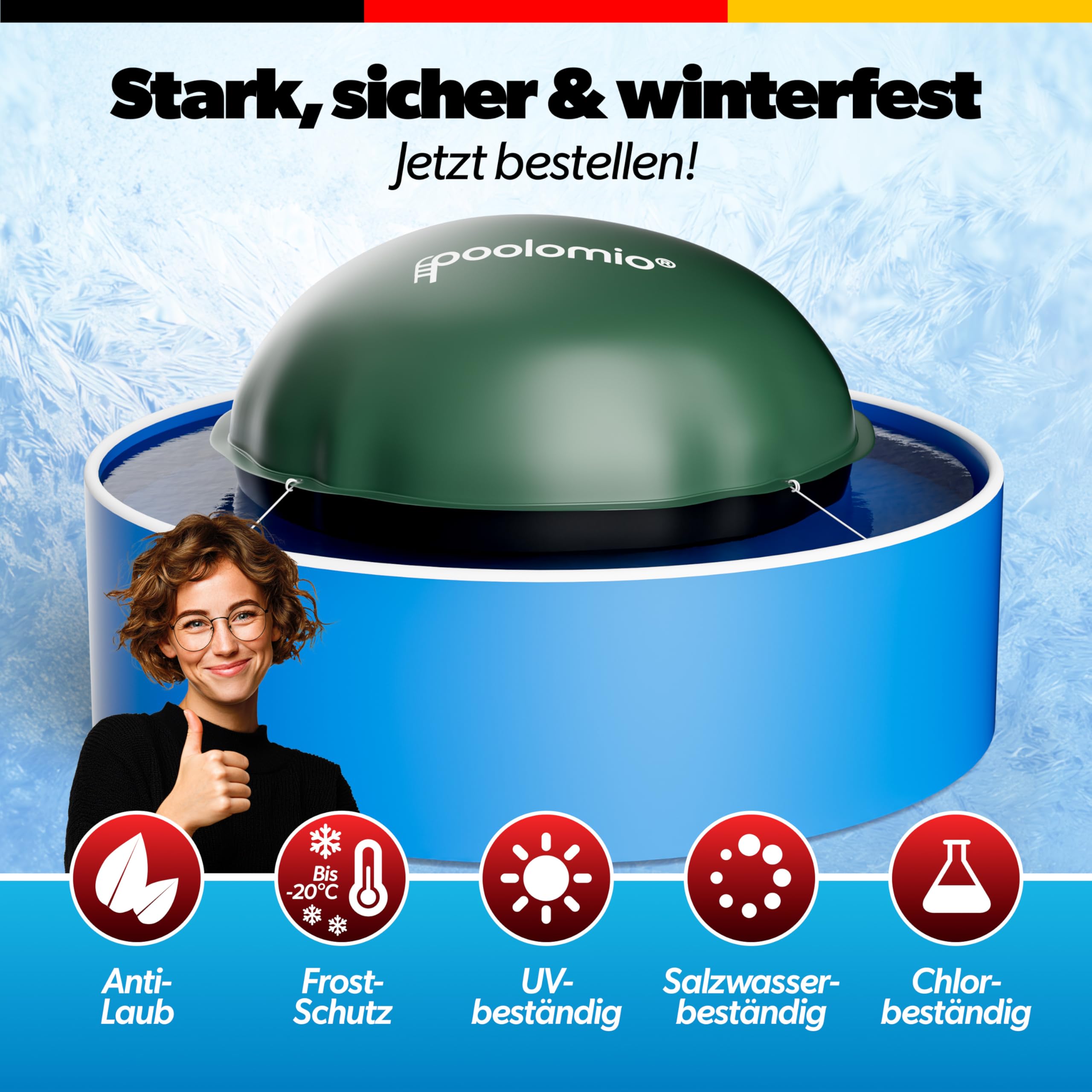 poolomio® Poolkissen Rund 4m (Pools 400-550 cm) | Poolkissen Winter XXL Ø 400 cm Luftkissen 420 g/m² | Winterkissen Poolabdeckung | Frost- & Chlorbeständig | Pool Kissen inkl. Seil & Reparaturset
