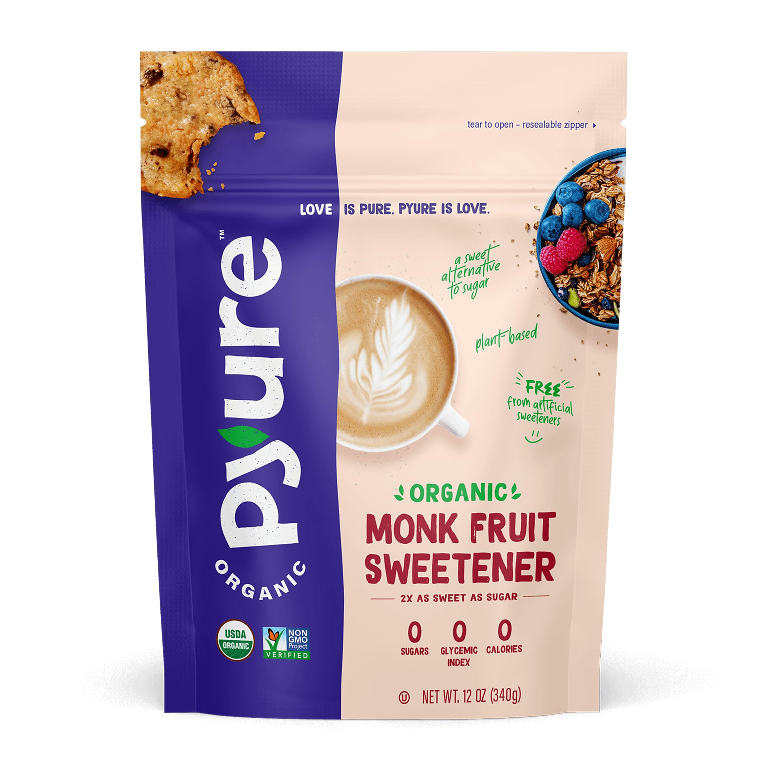 Pyure Organic Monk Fruit Sweetener | White Sugar Substitute for Baking, Coffee & Tea | Zero Carb, Zero Calorie, Keto, Plant-Based, Non-GMO, Gluten-Free, USDA Organic | 12 oz Granulated BlendUSDA Organic