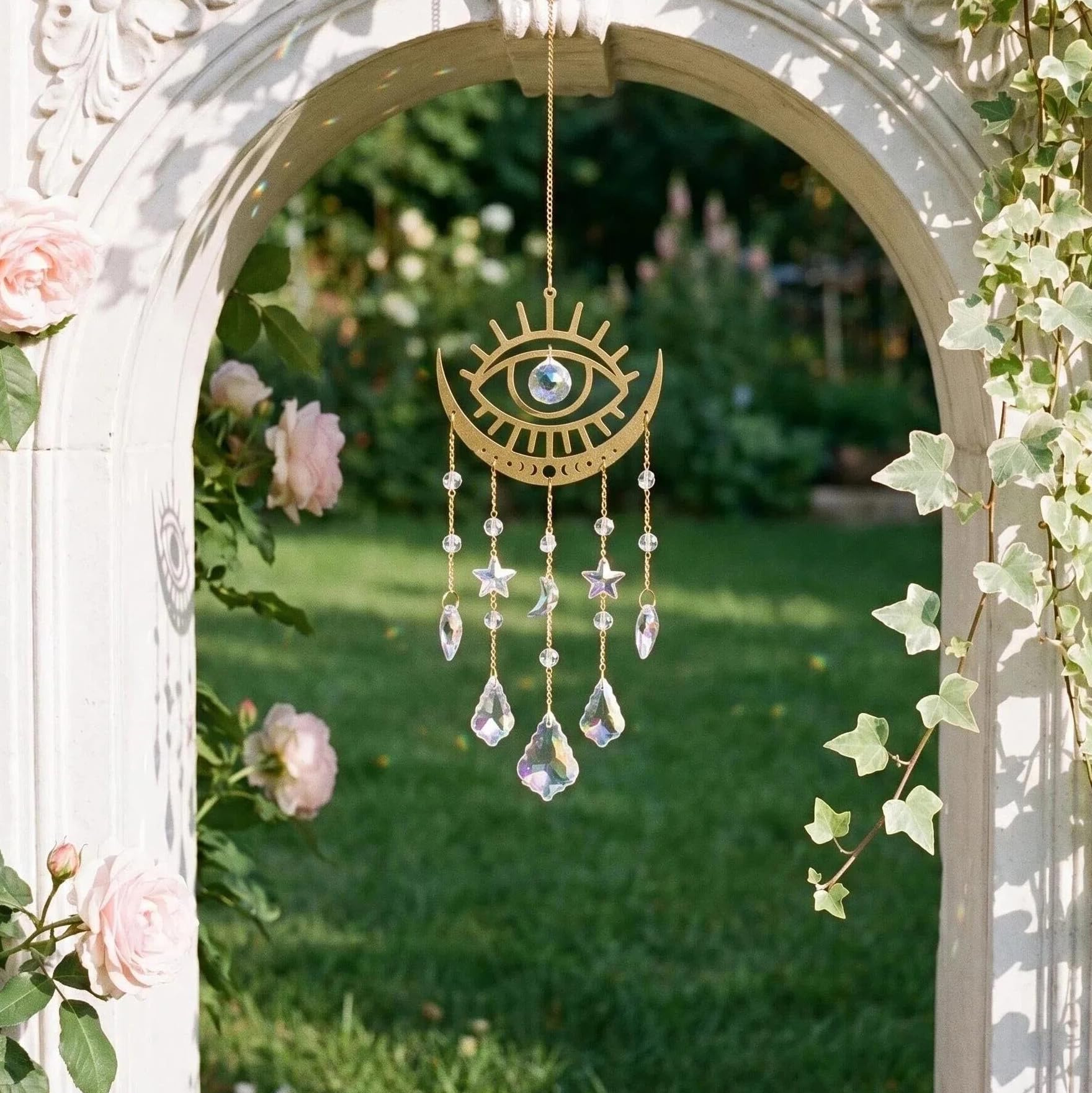 Evil Eye Sun Catcher, Gold AB Iridescent Crystal Suncatcher, Rainbow Maker Window Hanging Ornament, Spiritual Protection Decor for Indoor Outdoor Garden, Birthday Gift for Women (44cm)