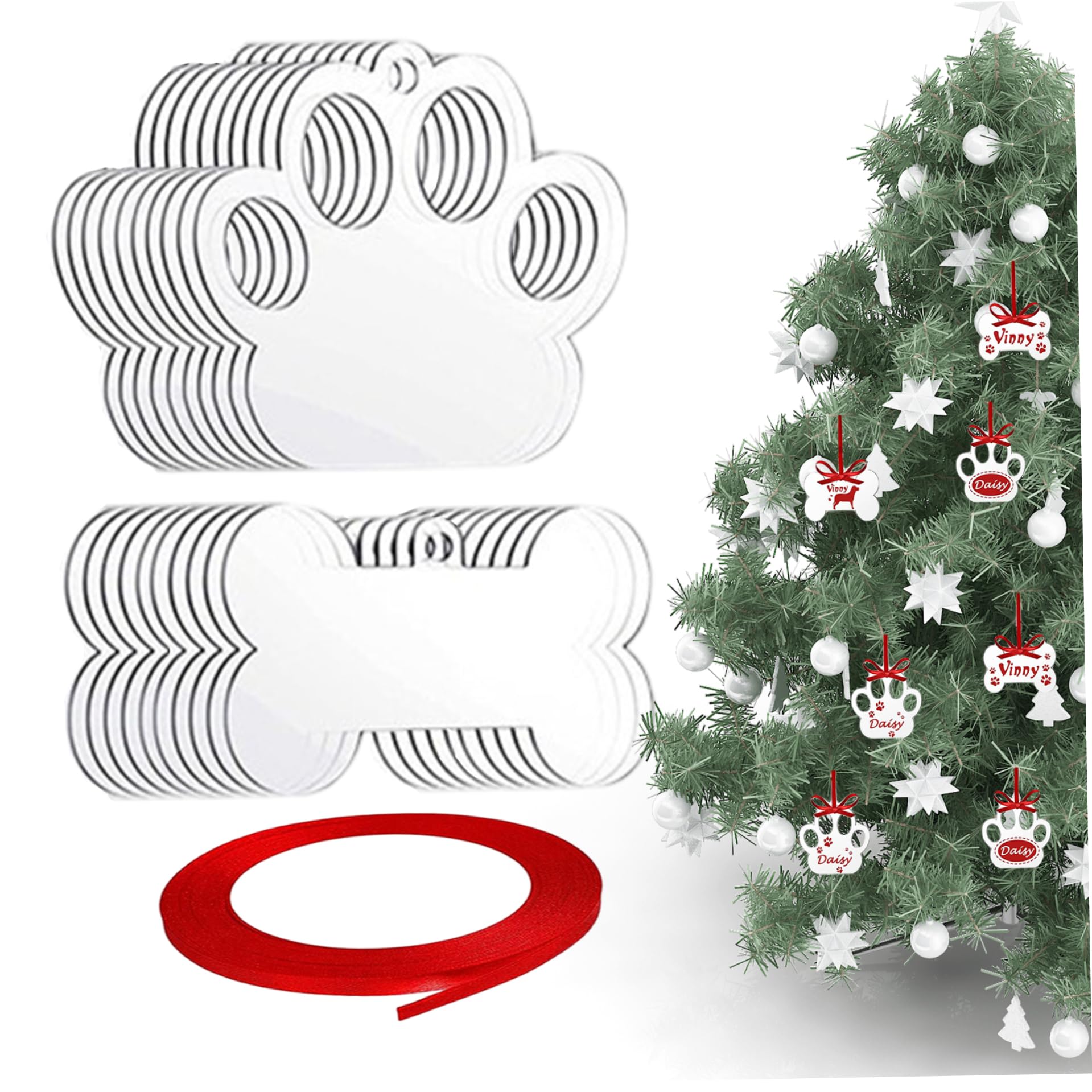20Pcs Acrylic Ornament Blanks, Bones & Dog Paws Hanging Acrylic Christmas Ornaments with Red Ribbon DIY Blank Christmas Tree Decoration