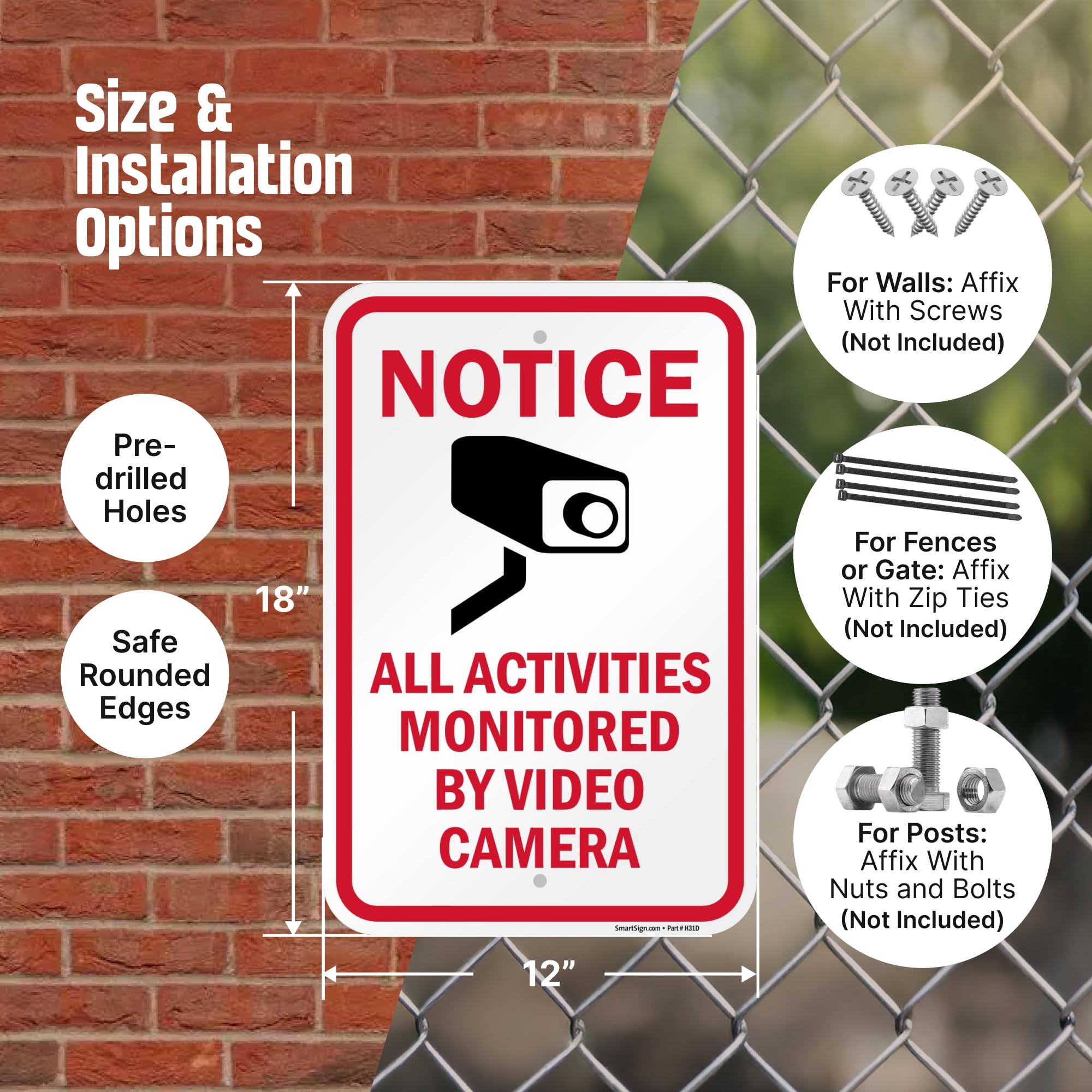SmartSign Notice All Activities Monitored by Video Camera Sign - Paquete de 2 unidades, 18 x 12 pulgadas, compuesto de aluminio de 2 mm, rojo/negro sobre blanco