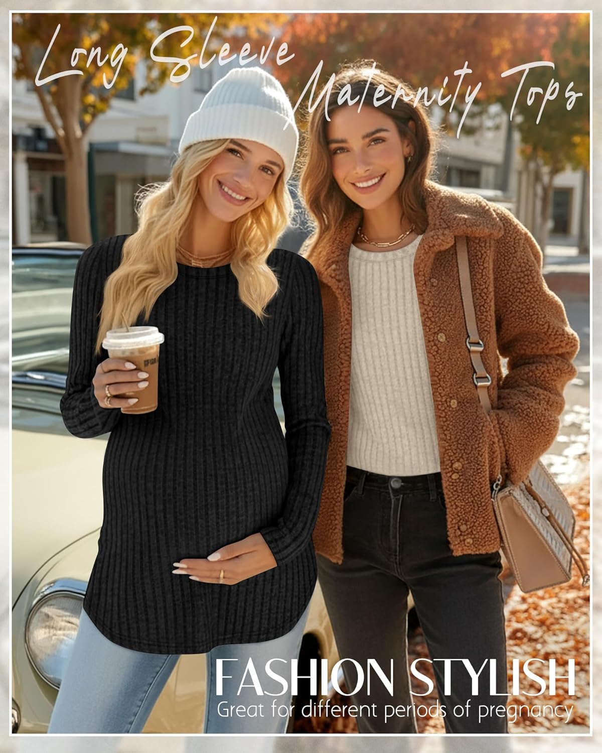 3 Pack Women's Maternity Shirts, Ribbed Long Sleeve Pregnancy Sweaters Curved Hem Split Side Crew Neck Tunic Tops - Image 2