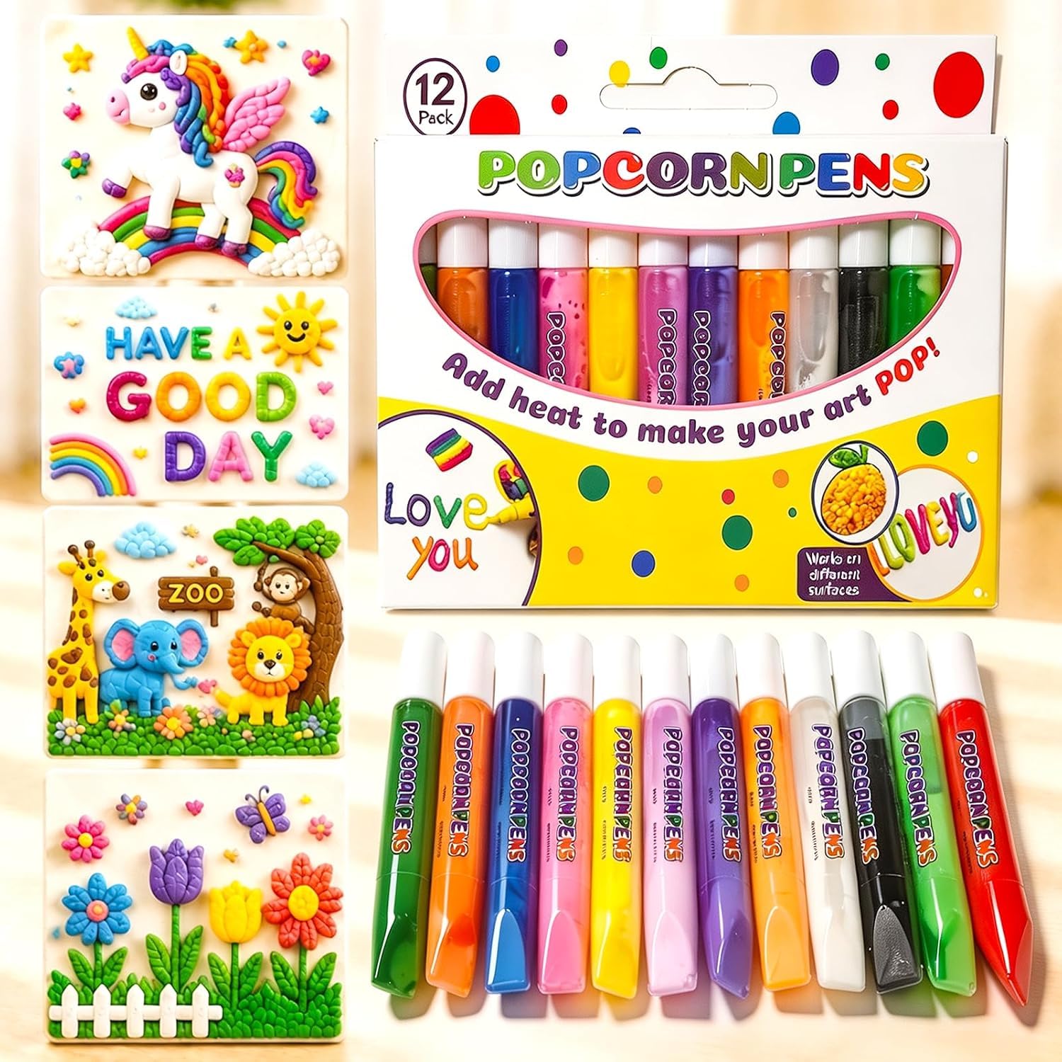 Yabzfal 12 Colors Popcorn Pen, DIY Bubble Popcorn Drawing Pens, 3D Puffy Embellish Decorate Graffiti Stationery for DIY Artwork, Greeting Cards, Scrapbooking