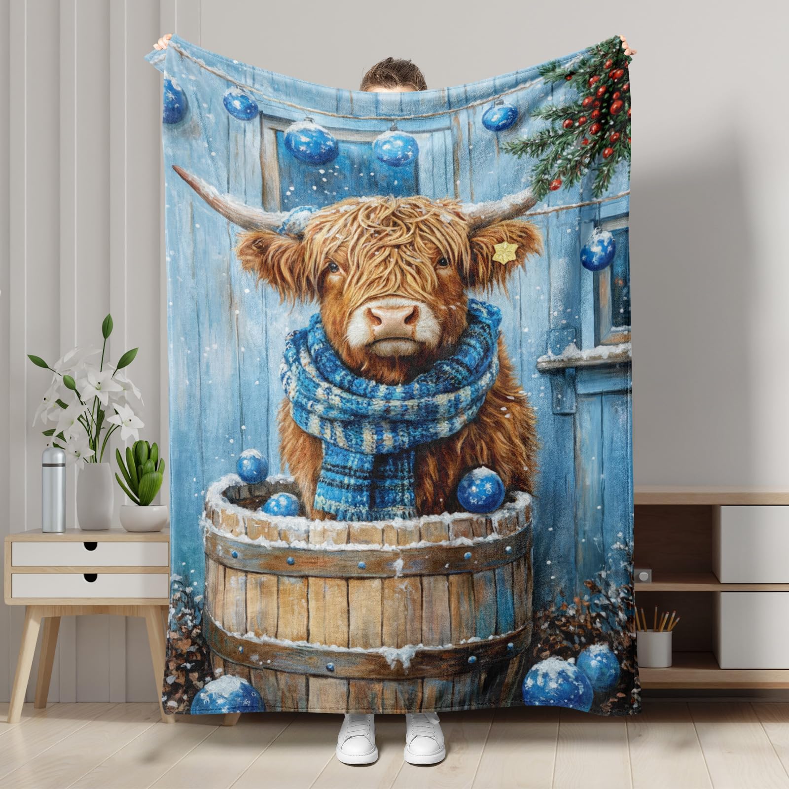 Highland Cow Blanket, Blue Striped Cozy Winter Holiday Throw Blanket, Soft Flannel Decor for Sofa, Bed, All Season 50x60 Inch