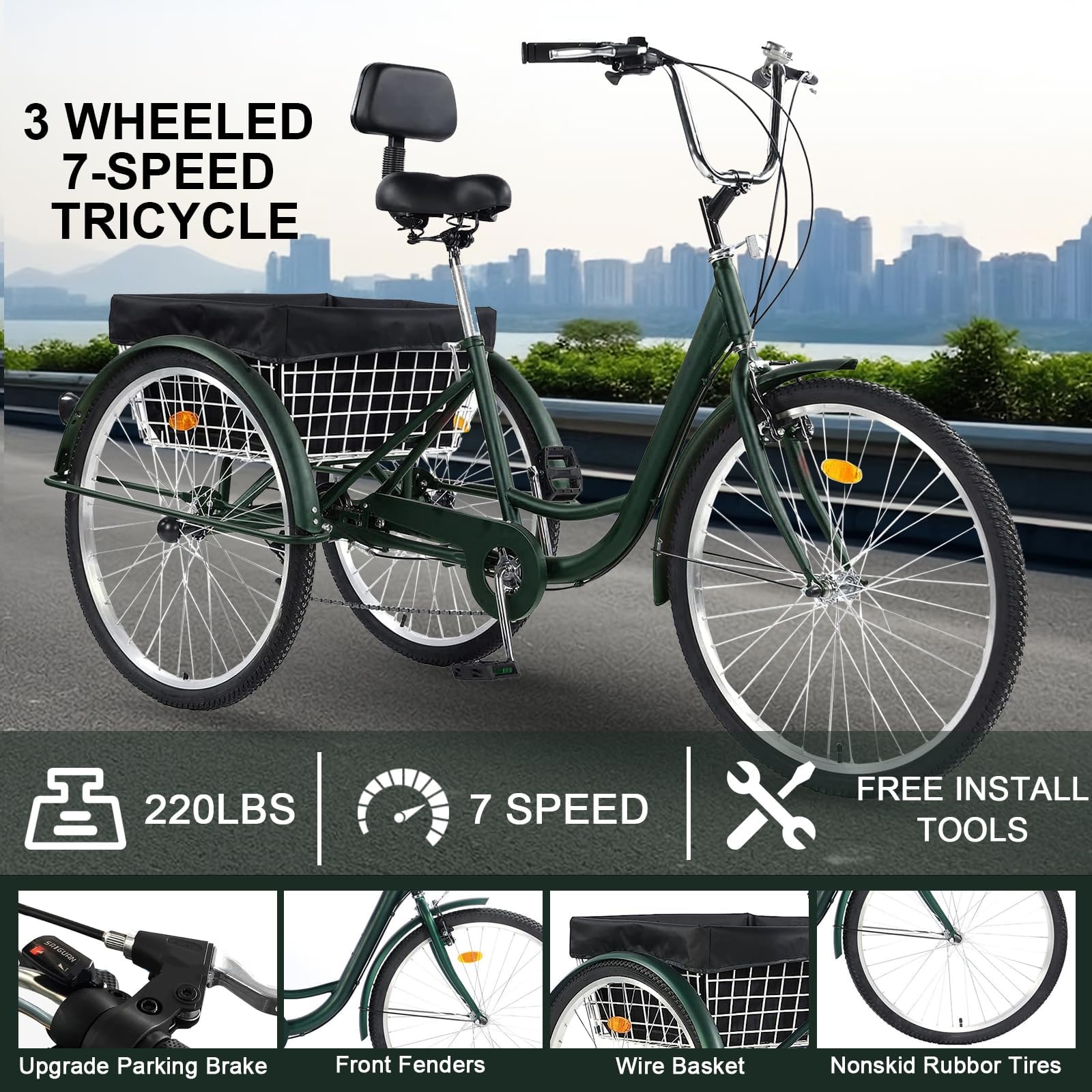 WYUEEEE 26 Inch Adult Tricycle 7 Speed, 3 Wheel Bikes Tricycle for Adults, Adult Trike for Women/Men/Seniors, Three Wheel Cruiser Bike w/Rear Basket for Shopping/Recreation/Picnic (Green)