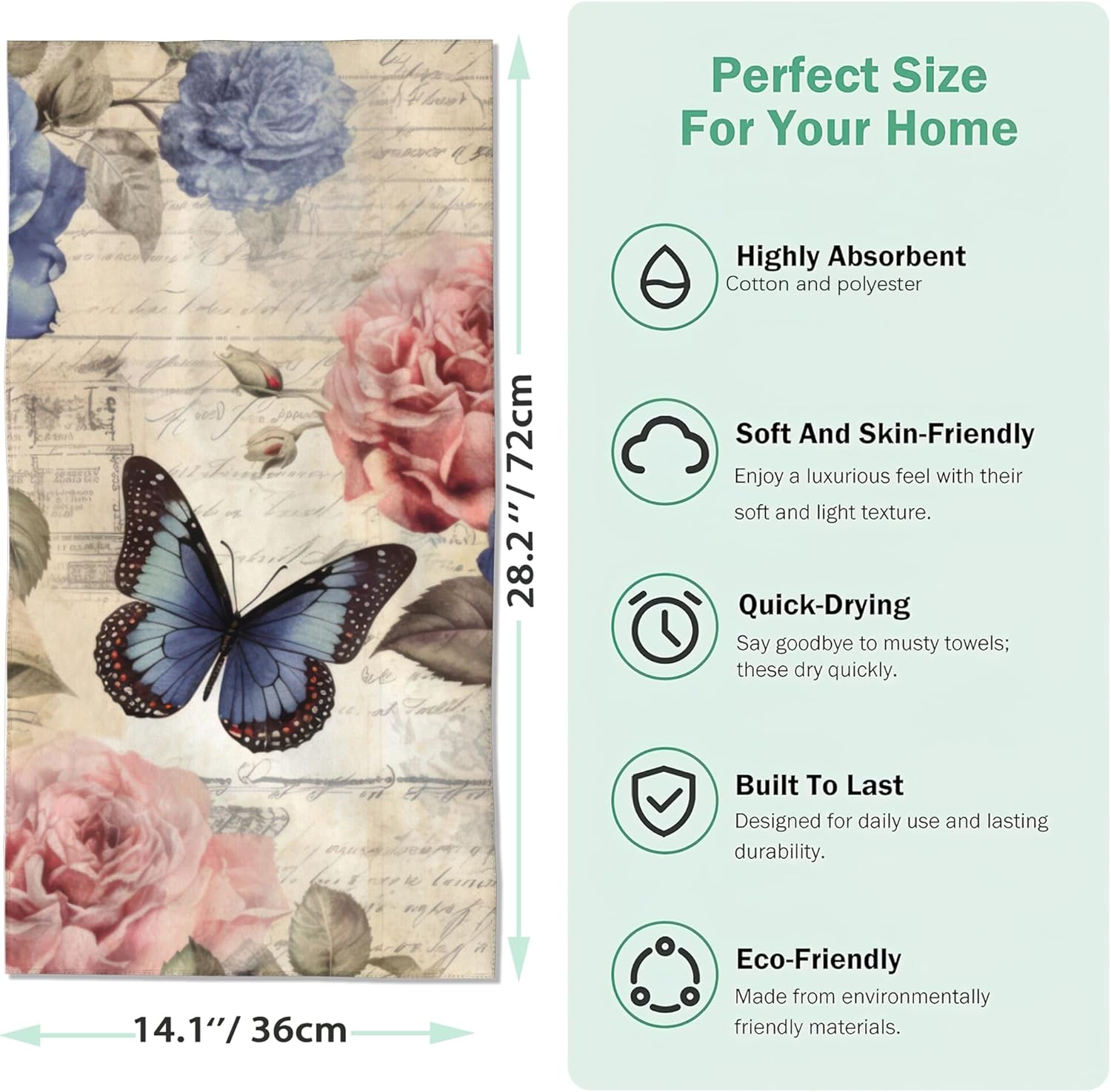 2 Pack Hand Towels for Bath, Rose Flower with Butterfly Decorative Kitchen Towels Highly Absorbent Soft Towels for Bathroom Beach Spa Gym Face Towel 14x28 Inch - Image 2