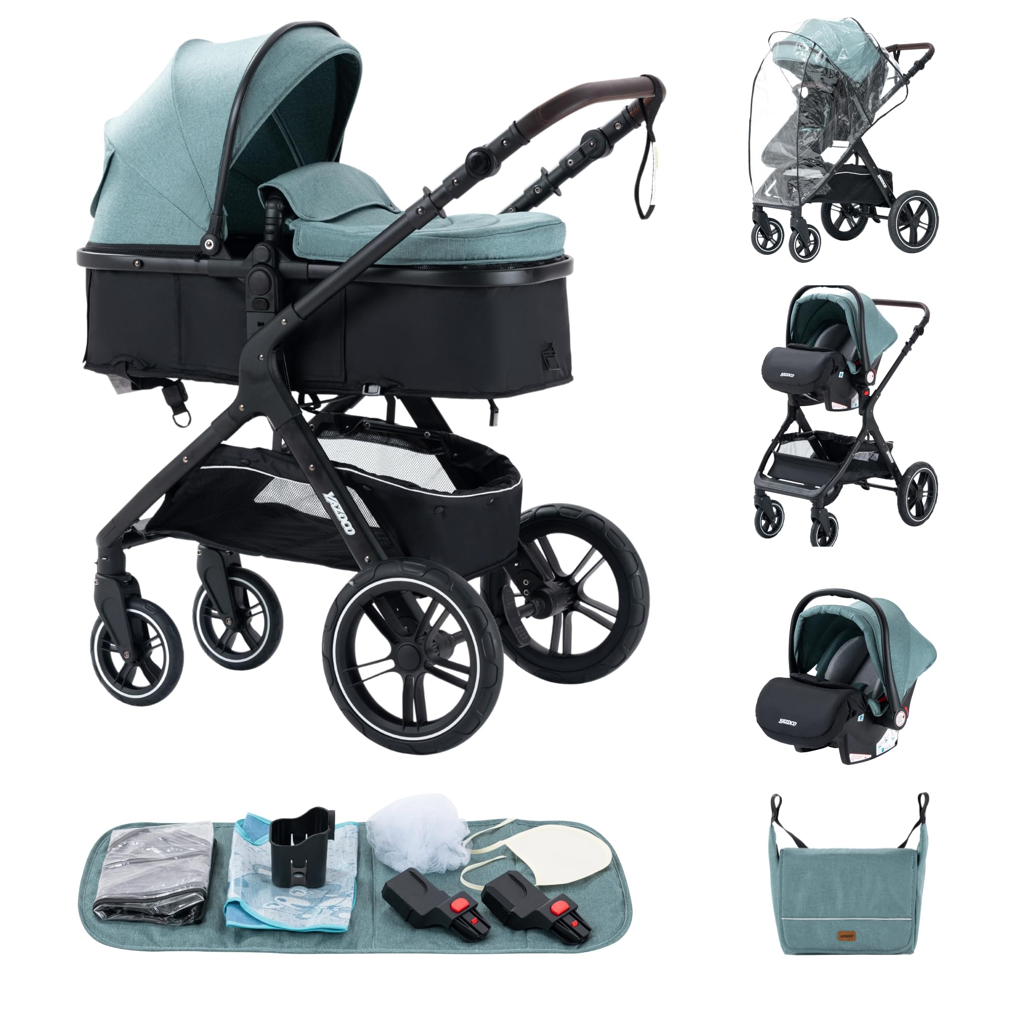 trio passeggino neonati in offerta fino 25 kg,Carrozzina reversibile fronte mamma e strada, Pieghevole，Con borsa mamma, portabicchieri, copertura antipioggia，nero