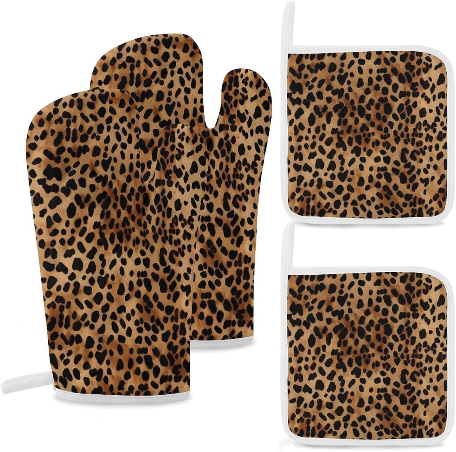 4-Piece Oven Mitts and Pot Holders Set Leopard Patterned Wallpaper Printed Heat-Resistant Polyester Kitchen Gloves and Potholders Comfortable & Durable for Cooking Baking and Grilling