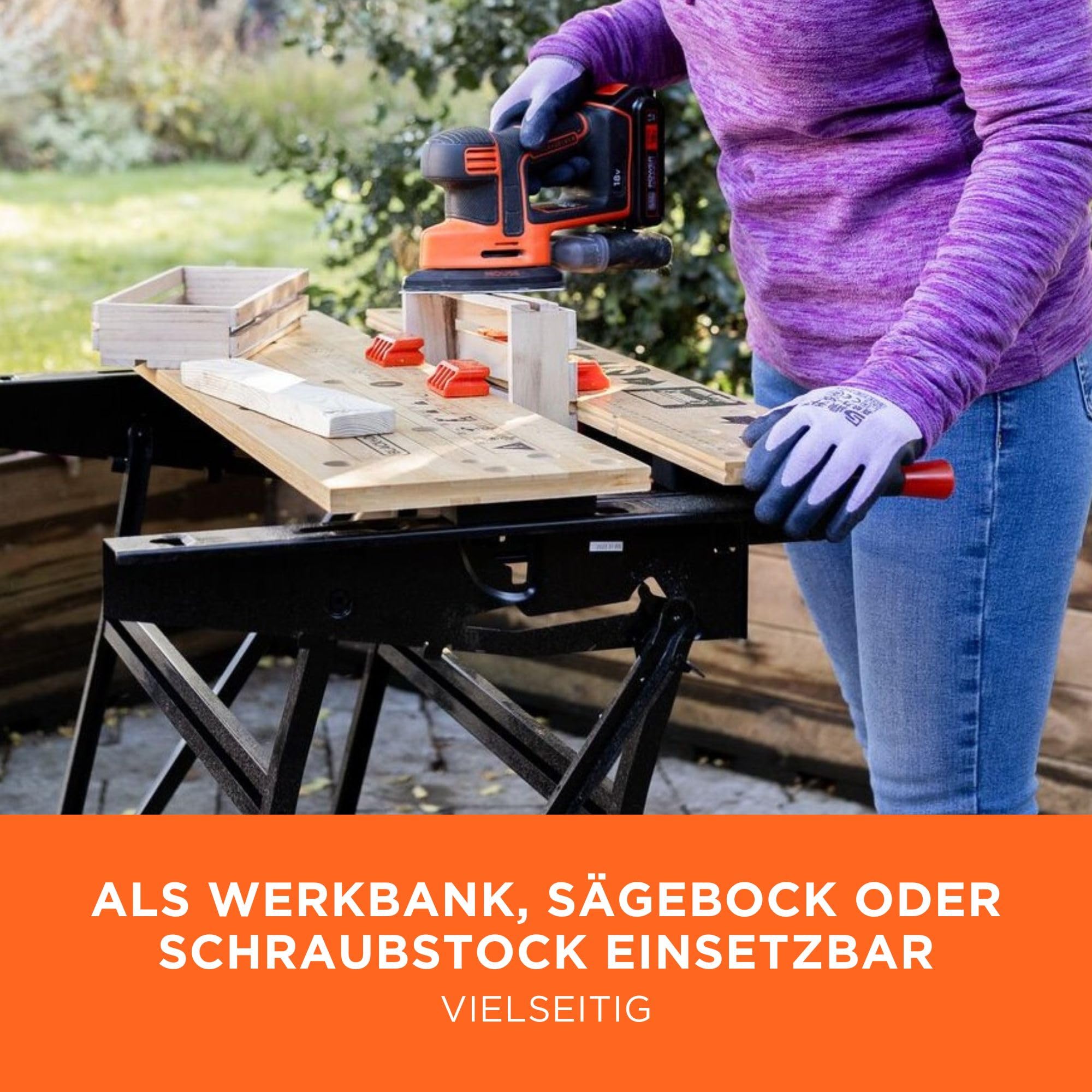 BLACK+DECKER Workmate Flexible Universal-Werkbank (klappbarer Sägebock – Arbeitstisch mit großer Arbeitsfläche, verstellbare Spannbacken, bis 250 kg belastbar, 74 x 25 cm) WM825-XJ