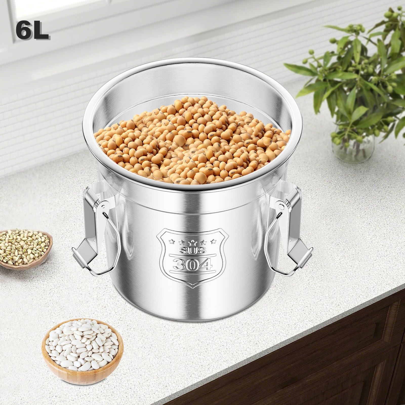 Depósito de cereales de acero inoxidable, 6 L, sistema de cierre de aroma con 3 barras, recipiente hermético para arroz, harina y cereales, incluye asas y anillo de goma