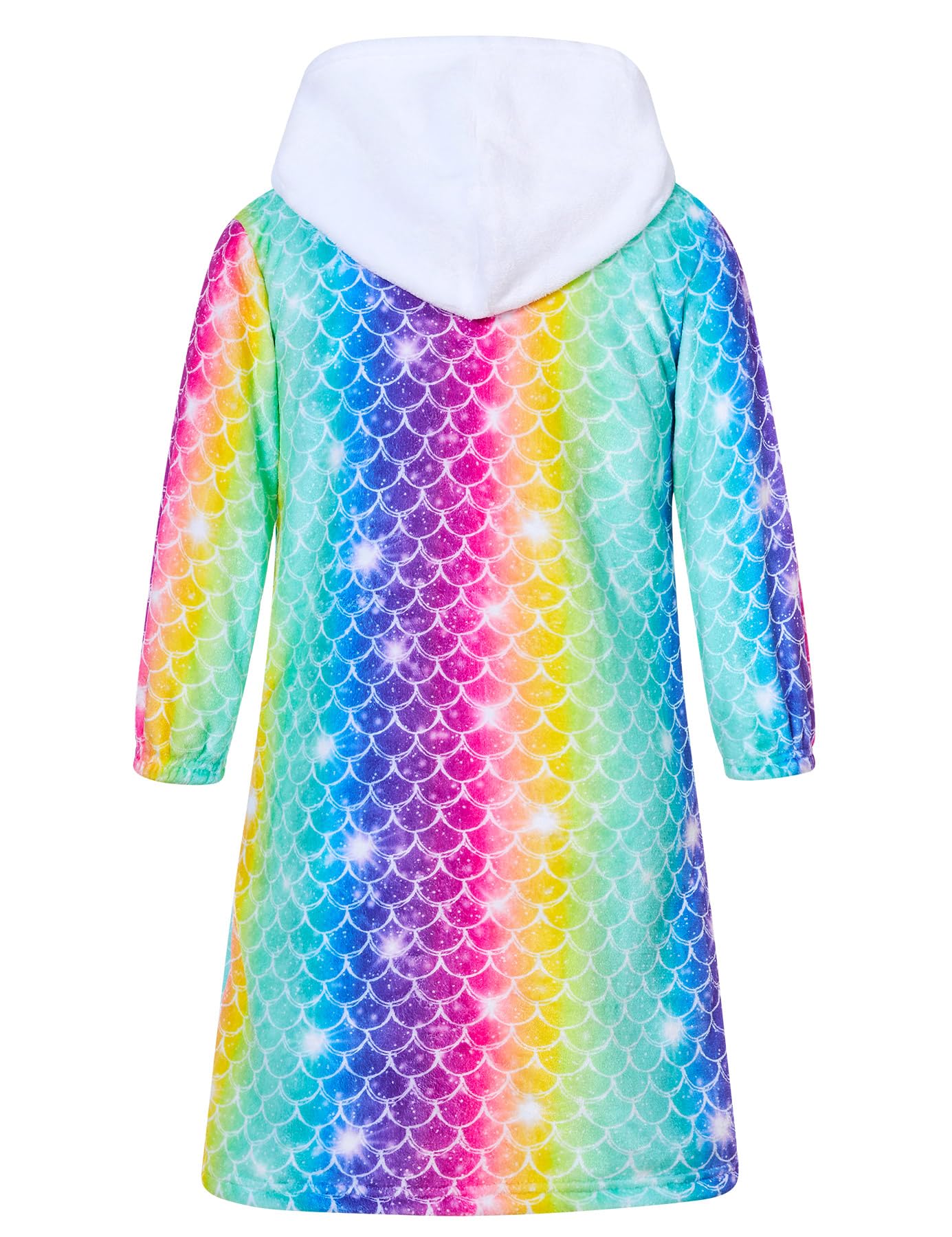 Funnycokid Girls Robes Size 7-8 Rainbow Mermaid Kids Bathrobe 9 Zip Hooded Bath Robe Soft Fleece Sleepwear Long Sleeve Plush Pajamas