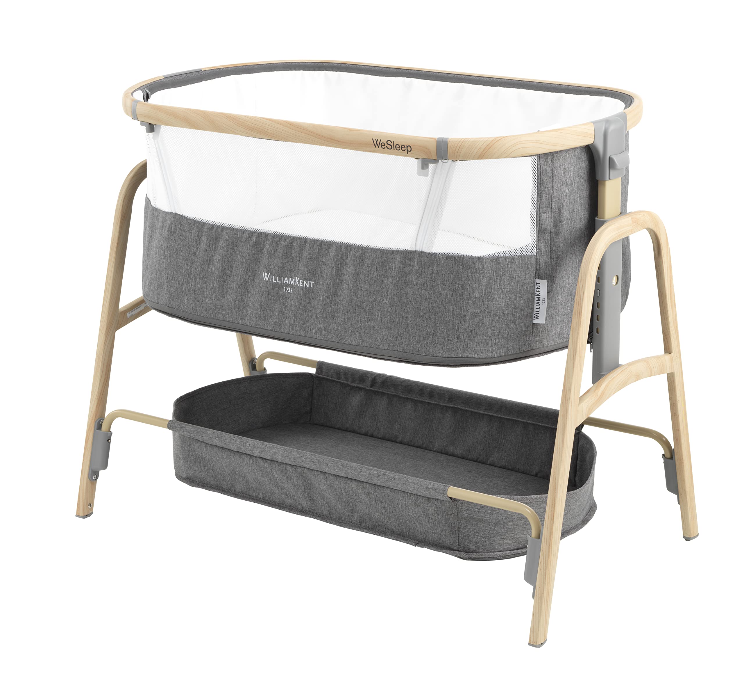 Lit bébé cododo Wesleep William Kent avec matelas 2,5cm, hauteur réglable 7 niveaux, fenêtre filet et sangles, panier rangement