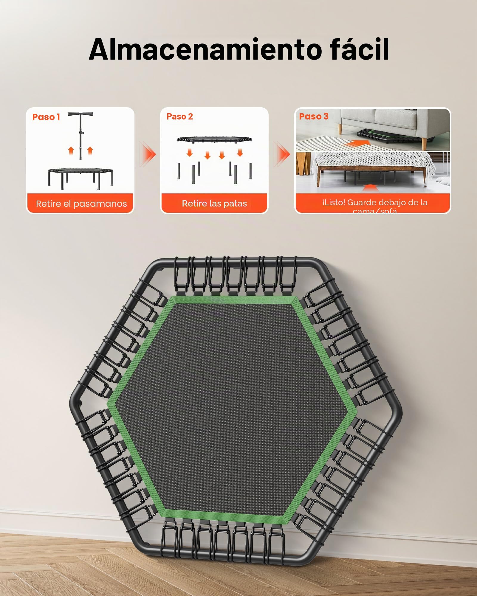VEVOR Trampolín de Fitness 138,5 cm, Cama Elástica Capacidad Máxima de 205 kg, con 3 Niveles de Altura Ajustable, Mango de Espuma, Trampolín de Rebote Estable y Silencioso, para Adultos, Interiores