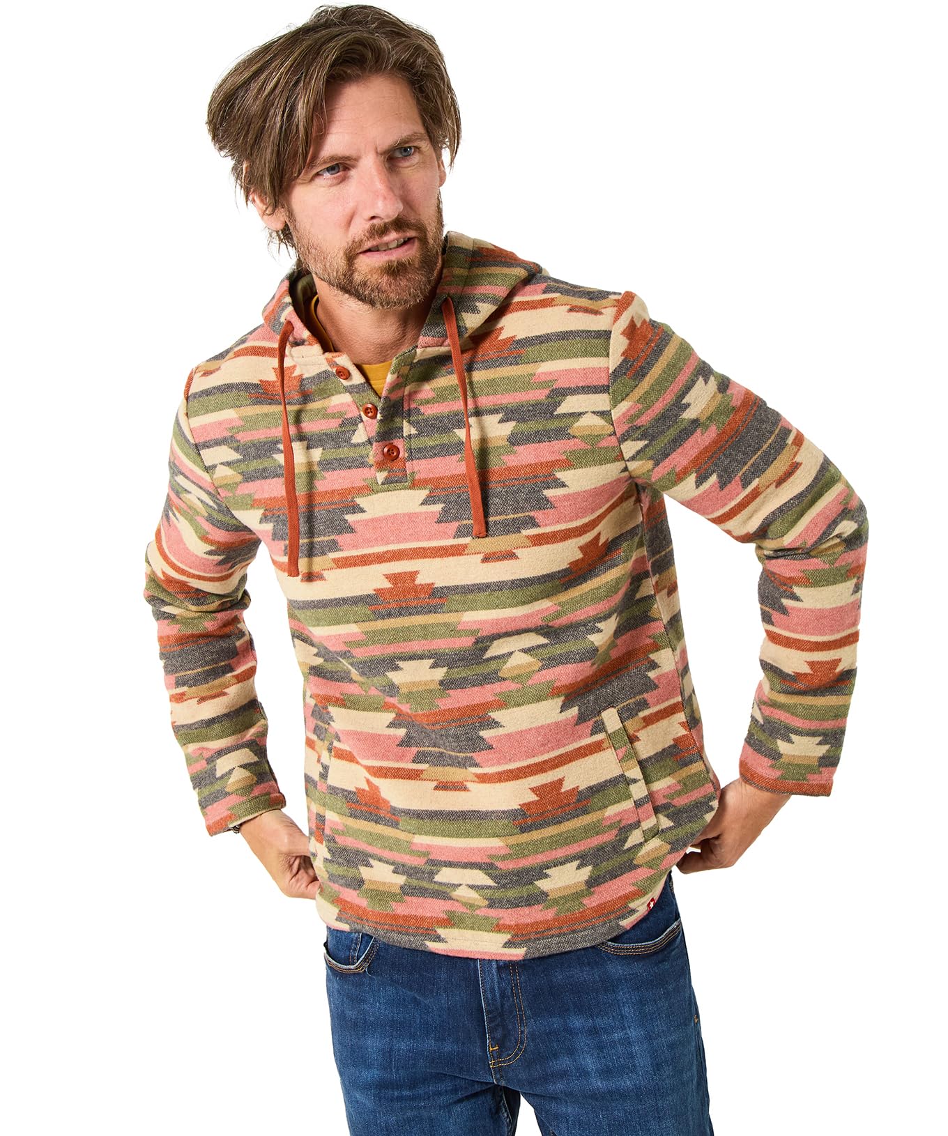 Joe Browns Men's Aztec Pattern Wonderful Woven Hoodie Polo Shirt, Multi, S