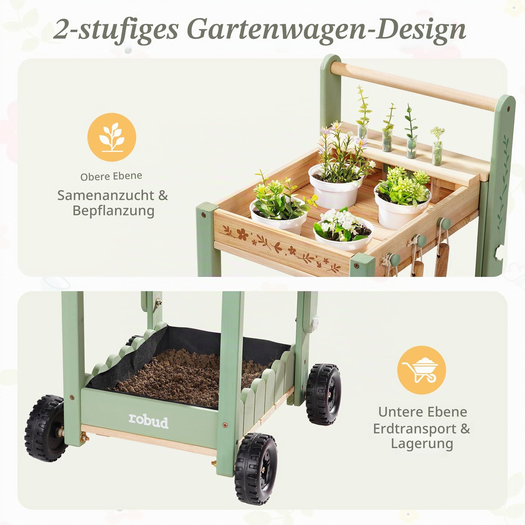 ROBUD Kinder Gartengeräte mit Holzwagen, Gartenwerkzeug mit Gießkanne, Schaufel, Handrechen, Pflanztöpfen und Hydroponik-Röhren, Pädagogisches Gartenset für Jungen Mädchen ab 3 Jahren, Grün