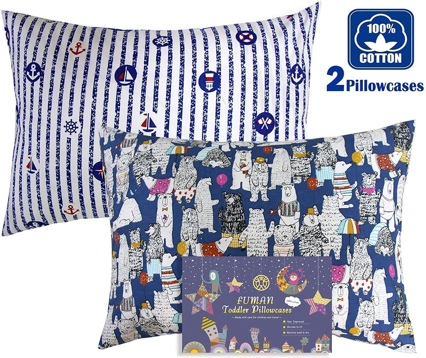 100% Organic Cotton Toddler Pillowcases Set of 2, Soft and Breathable, 13"x 18",Christmas Gift (2 Bears/Boats)