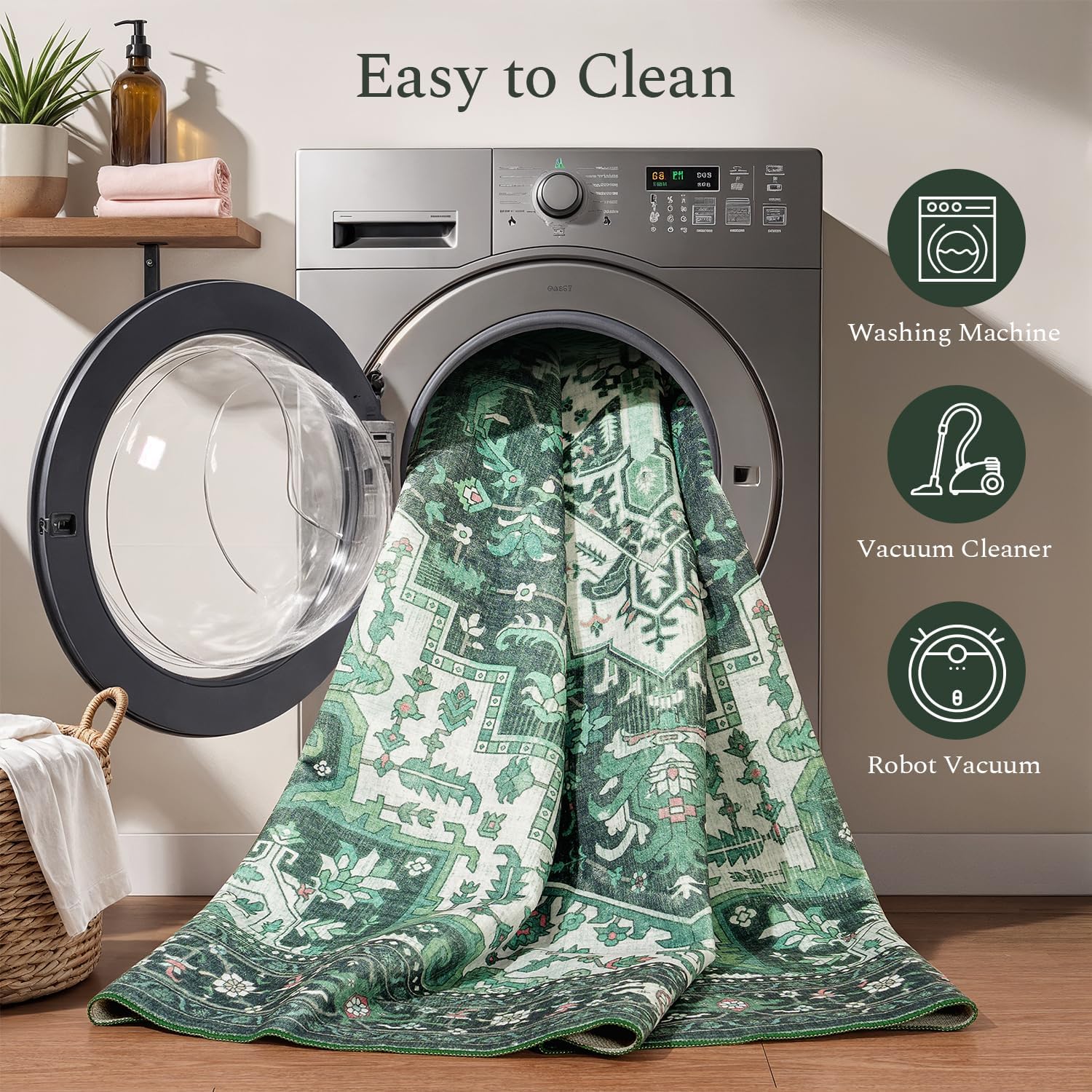 Rugflix 6x9 Area Rugs for Living Room, Machine Washable Rug Non Slip Stain Resistance, Large Rug Vintage Distressed Soft Carpet for Bedroom, Dining Room, Home Office, Green