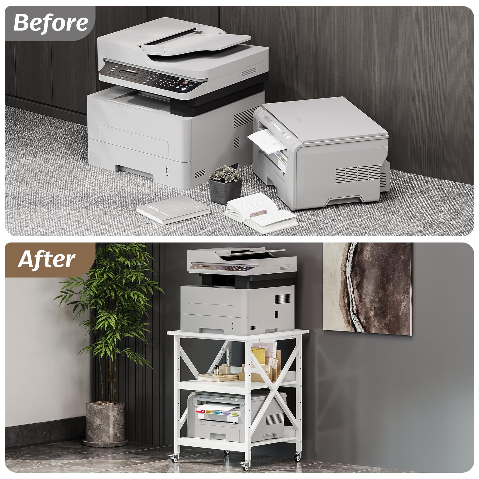 VEDECASA 3 Ebenen Druckerständer mit Rollen, Großer Druckertisch 60x60cm mit Ablagen, Stabiler Druckerwagen mit X-Rahmen für Büro und Home Office, Weiß, Passt Fuer Grosse Drucker,Leicht Beweglich,Weiß