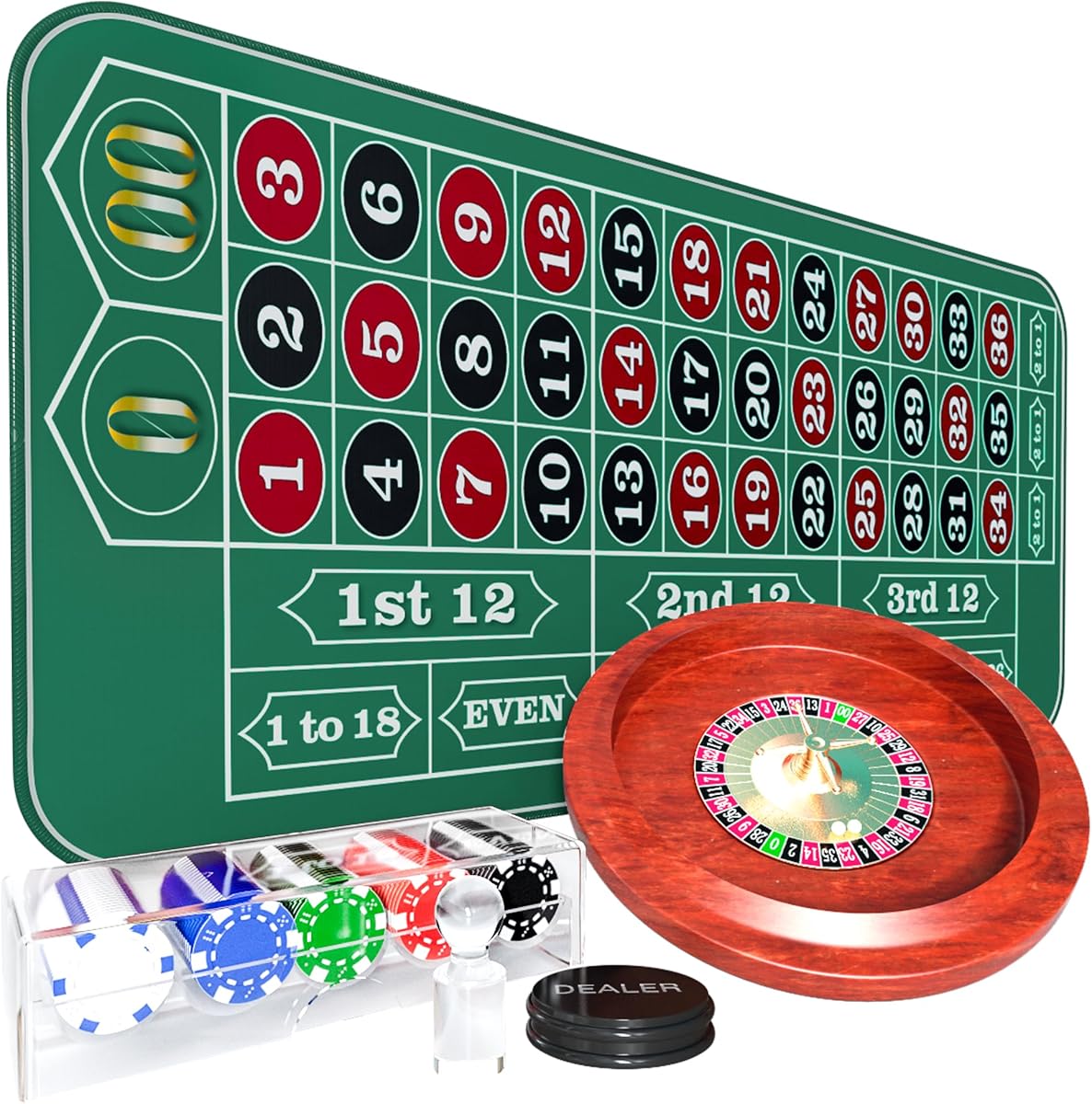 11 Inch Roulette Wheel Set for Adults with Rubber Roulette Table Mat 35" x 16" Wood Roulette Wheel 11 Inch 100 Poker Chips Set Win Mark Dealer Button-Green