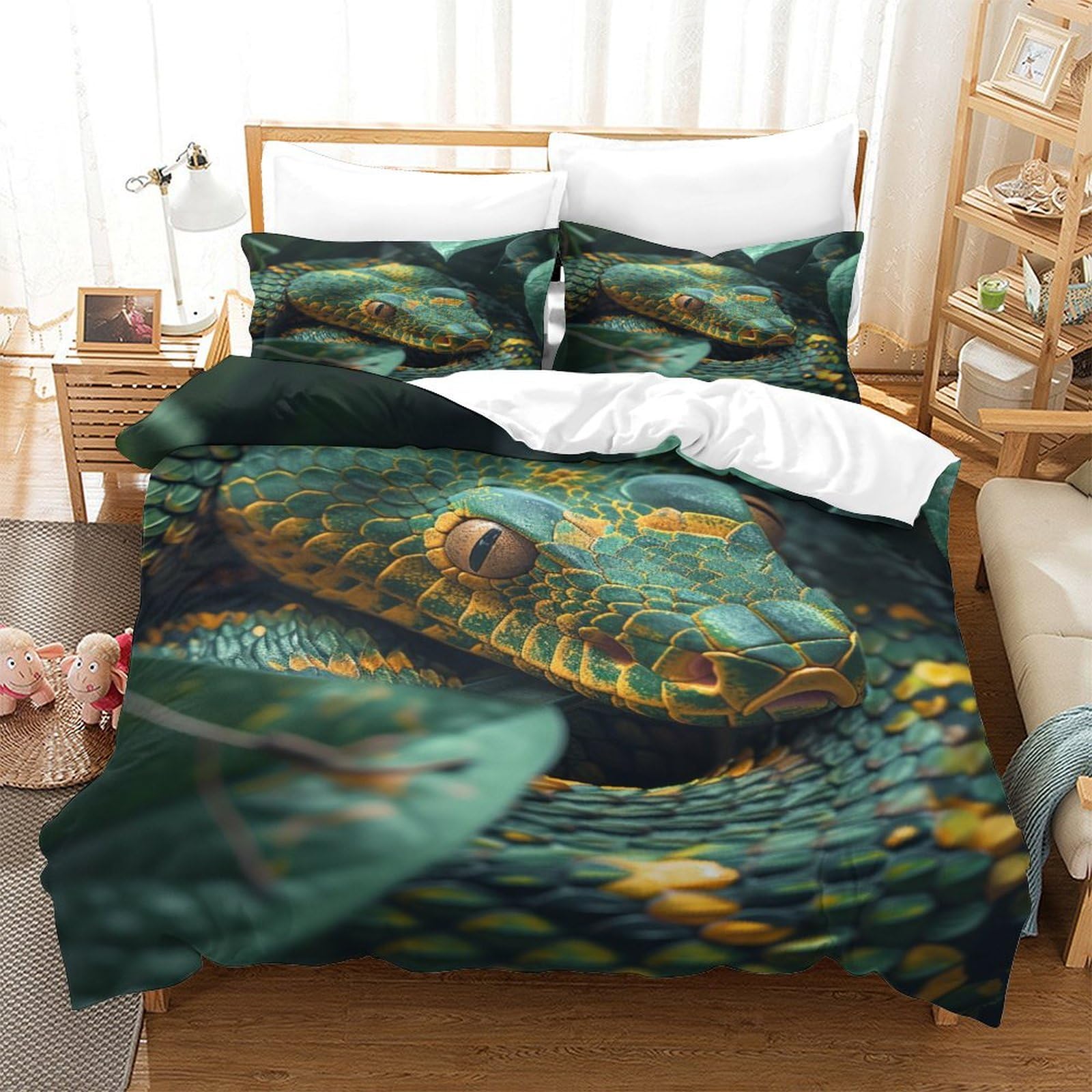 P1S9U7W5Y Realistic Green Snake Pattern 3D Printed 3pcs Duvet Cover Set Microfiber Forest Snake Bedding Set Single（140x200cm）