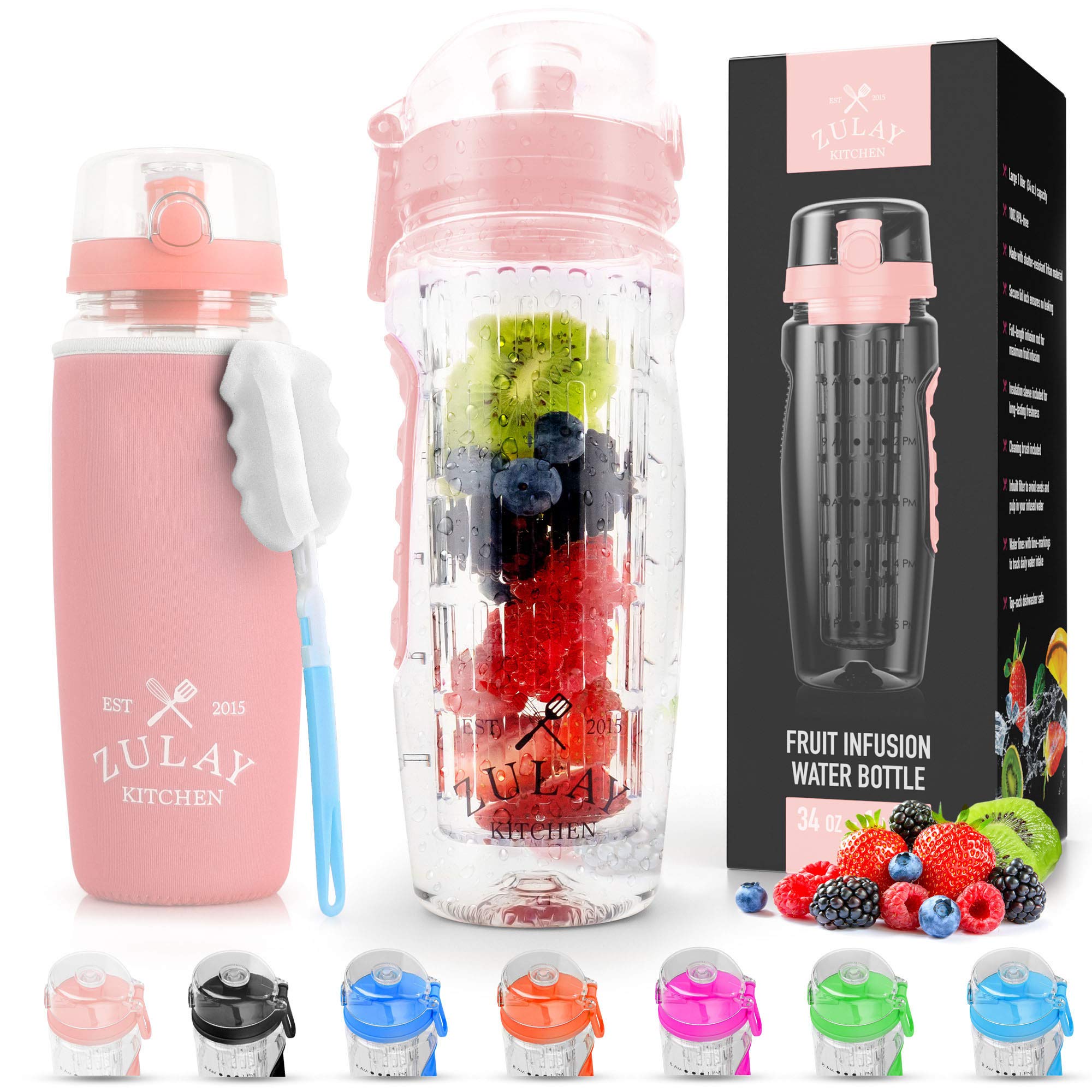 Zulay (34oz Capacity) Fruit Infuser Water Bottle With Sleeve - Anti-Slip Grip & Flip Top Lid Infused Water Bottles for Women & Men - Water Infusion Bottle - Pink