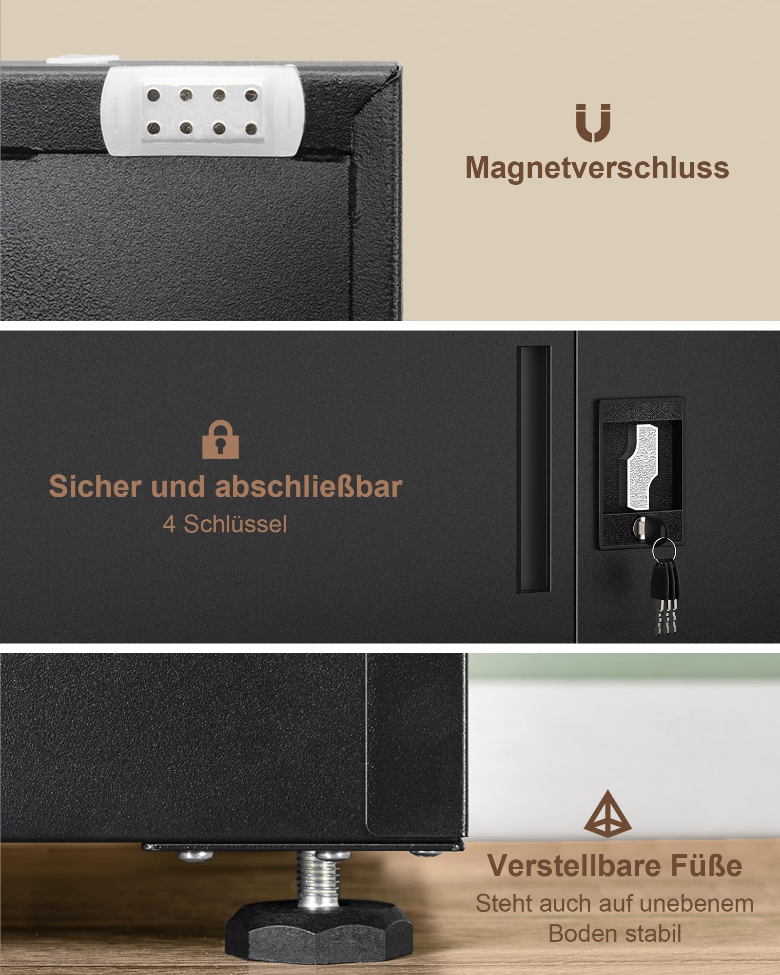 LAND·VOI Stahlschrank 3 Ebenen mit Schloss verstellbare Einlegeböden Doppeltüren Aktenschrank Werkzeugschrank für Büro Garage Haushalt Werkstatt 80x40x91.5 cm Schwarz