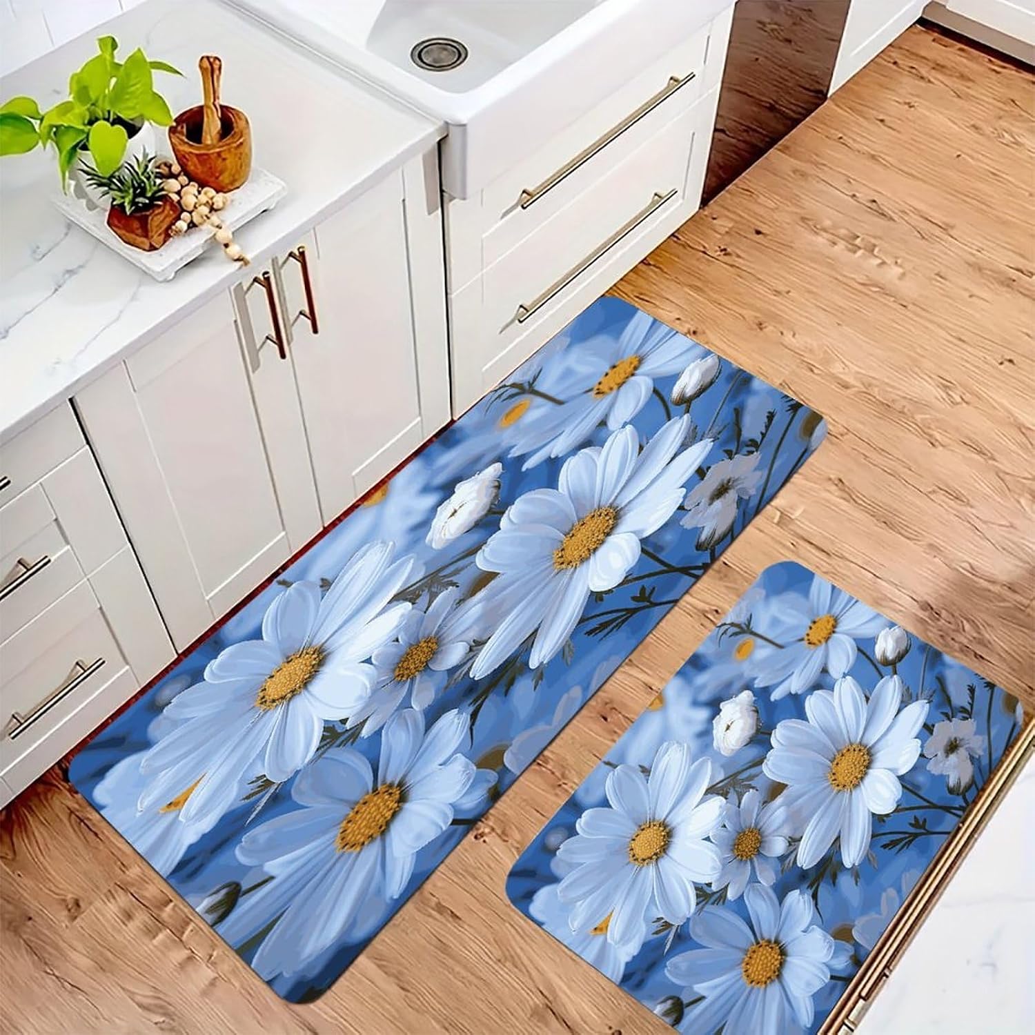 Daisy Blue Kitchen Mat Kitchen Rug Set | Kitchen Rugs Flannel Velvety Washable breathable Water Absorbent Soft ，kitchen utensils for Kitchen, Floor,Laundry