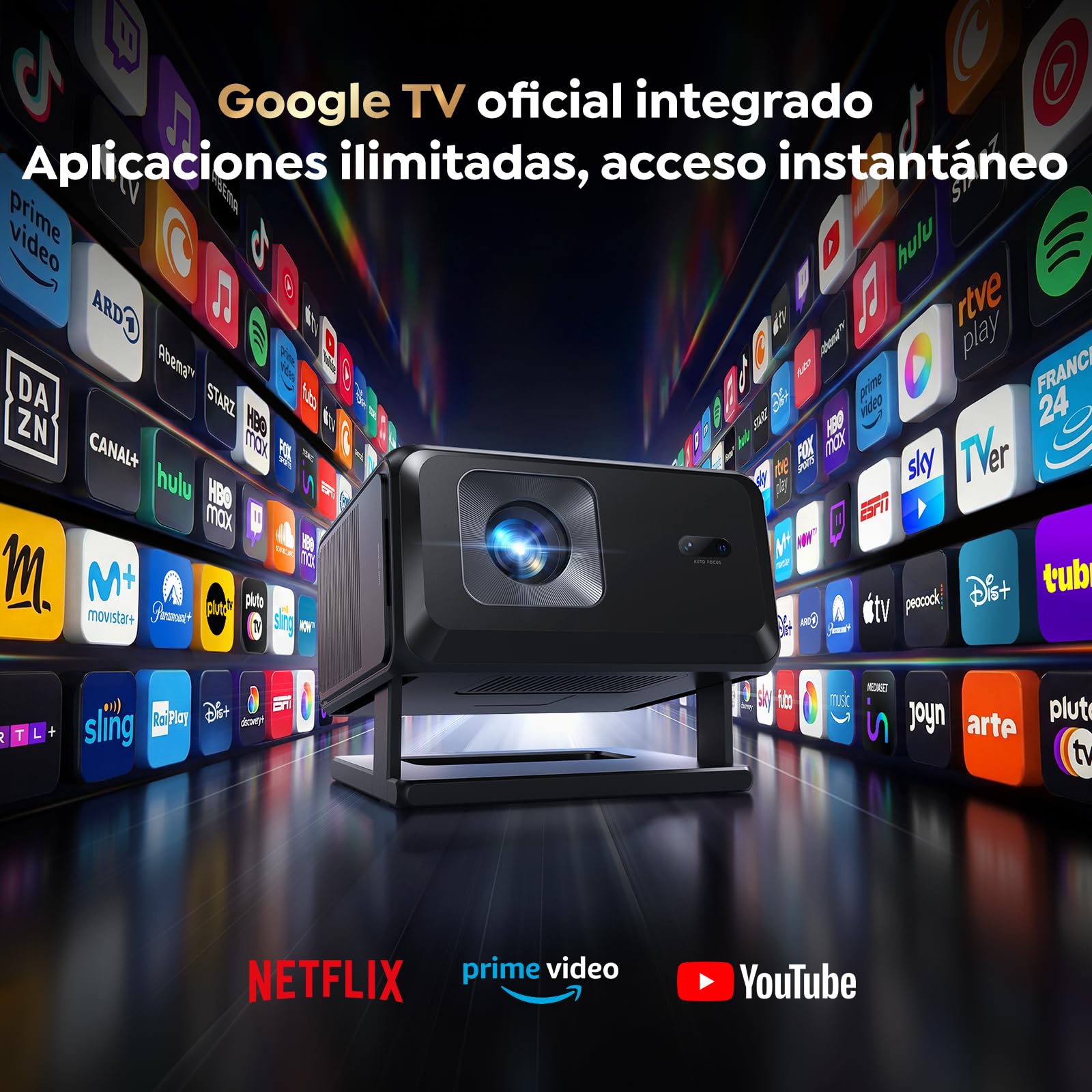 Proyector 4K【Google TV/Official Apps/Auto Focus/Keystone】Proyector Portatil App Integrada Control del lenguaje 1080P FHD Nativo,WiFi 6 & Bluetooth SmartProyector para Movil/Exterior/Cine en Casa/Techo