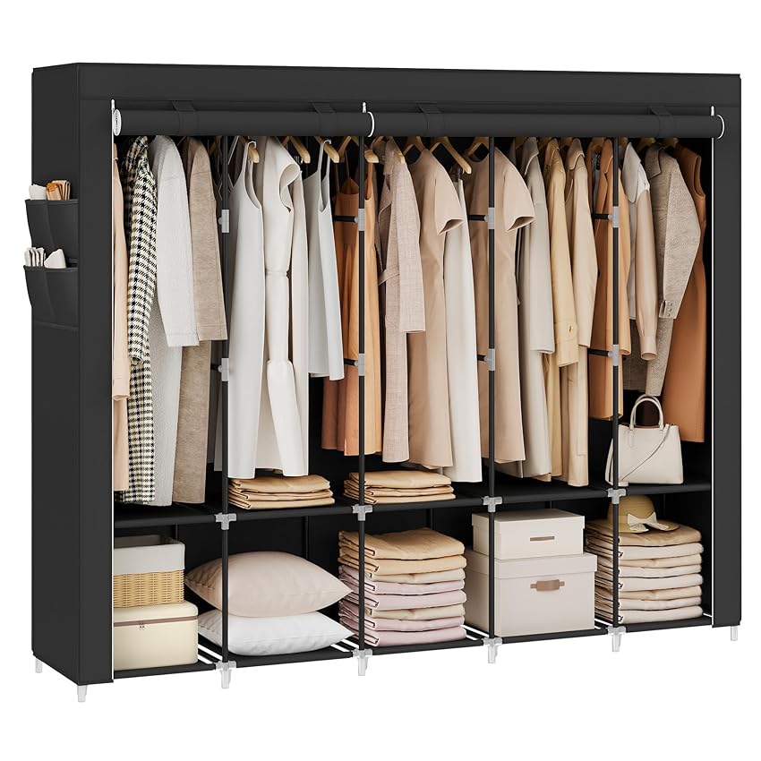 SONGMICS Guardaroba, Armadio Portatile, 5 Barre Appendiabiti, Ripiani, 4 Tasche Laterali, 45 x 211 x 167 cm, Grande Capienza per Camera da Letto, Soggiorno, Nero Inchiostro RYG095B01