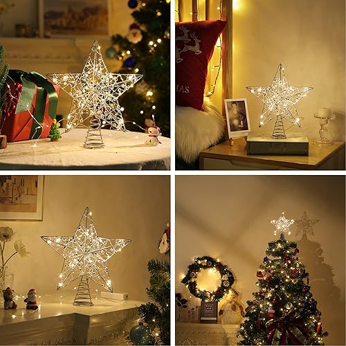 Miniatura 91 de Lewondr Decoración para árbol de Navidad, control remoto alimentado por USB, temporizador de 6 horas, estrella de árbol controlada con luces y Plata