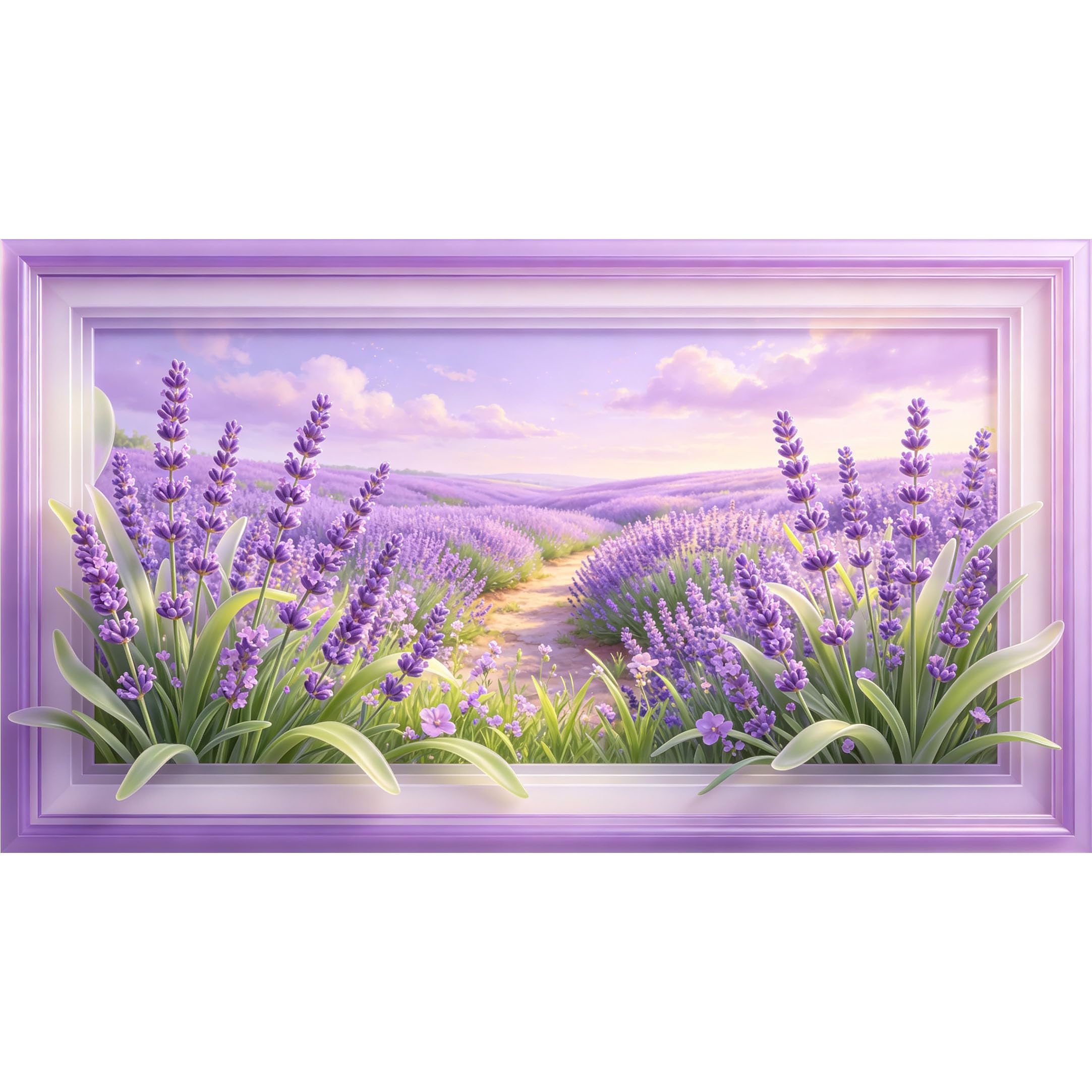 QZLITHOTIC 50x90cm3D Framed Wall Art， Lavender Field Botanical Landscape Self‑Adhesive Mural， Water‑Activated Peel & Stick Fabric Decor Wall Decal for Bedroom Living Room