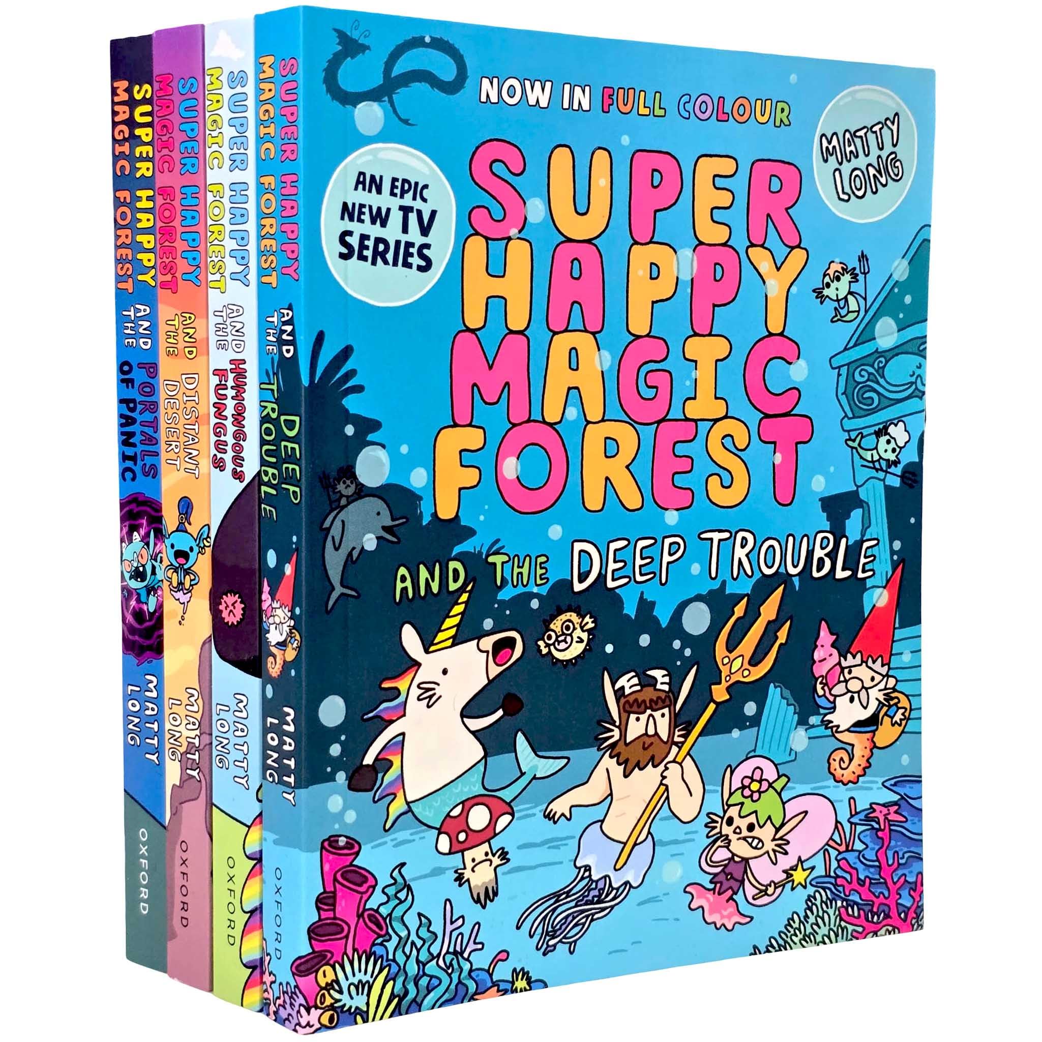Super Happy Magic Forest Series by Matty Long Colour illustrated 4 Books Collection Set (Humongous Fungus, Portals Of Panic, Deep Trouble & Distant Desert)