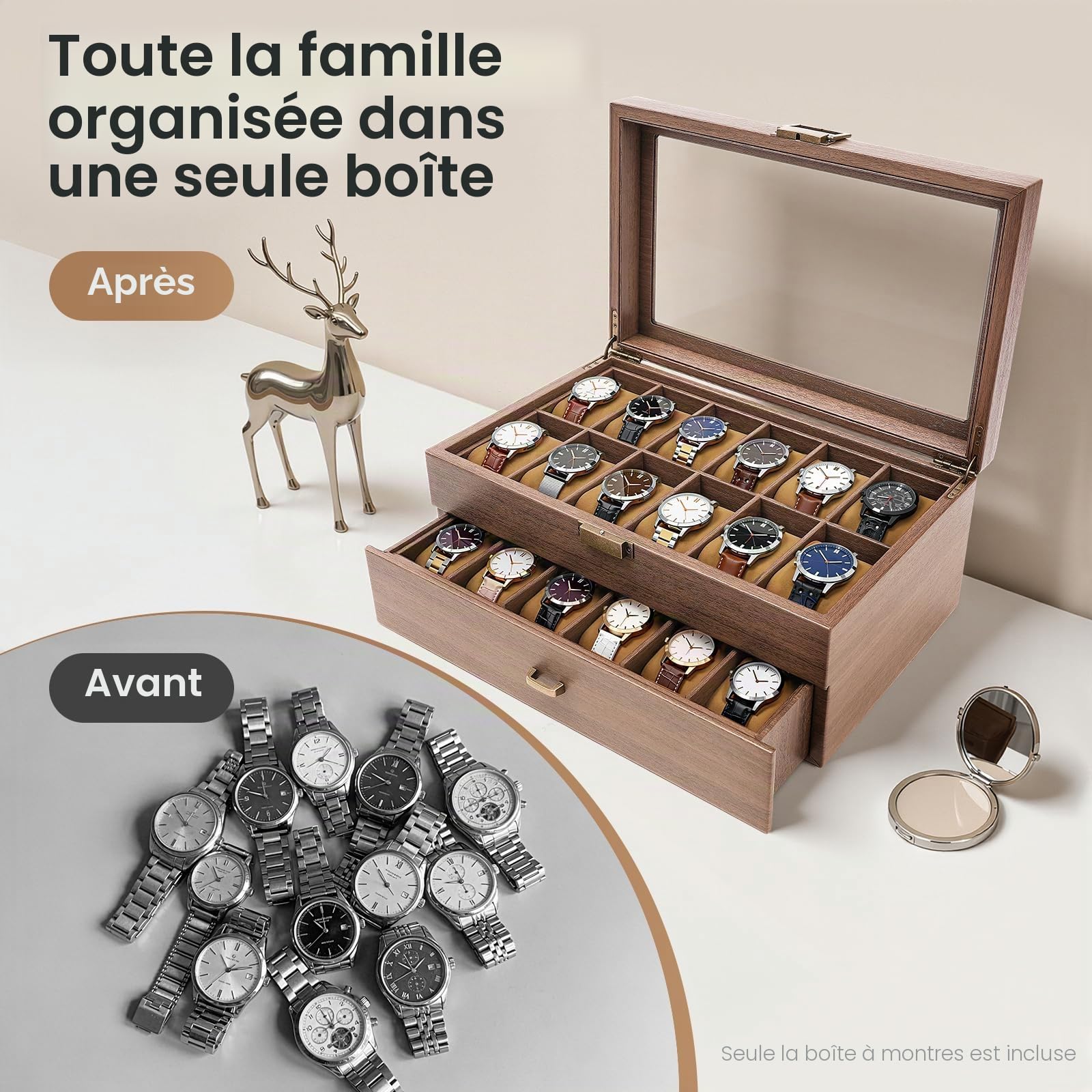 Boite a Montre 24 Compartiments Coffret Montre Rangement Vitrine